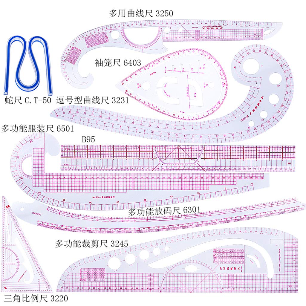9-Piece Sewing Ruler Set - French Curve, Triangle & Straight Rulers for Dressmaking, Pattern Making & DIY Sewing Projects - Essential Drawing & Cutting Tools for Tailors & Fashion Designers