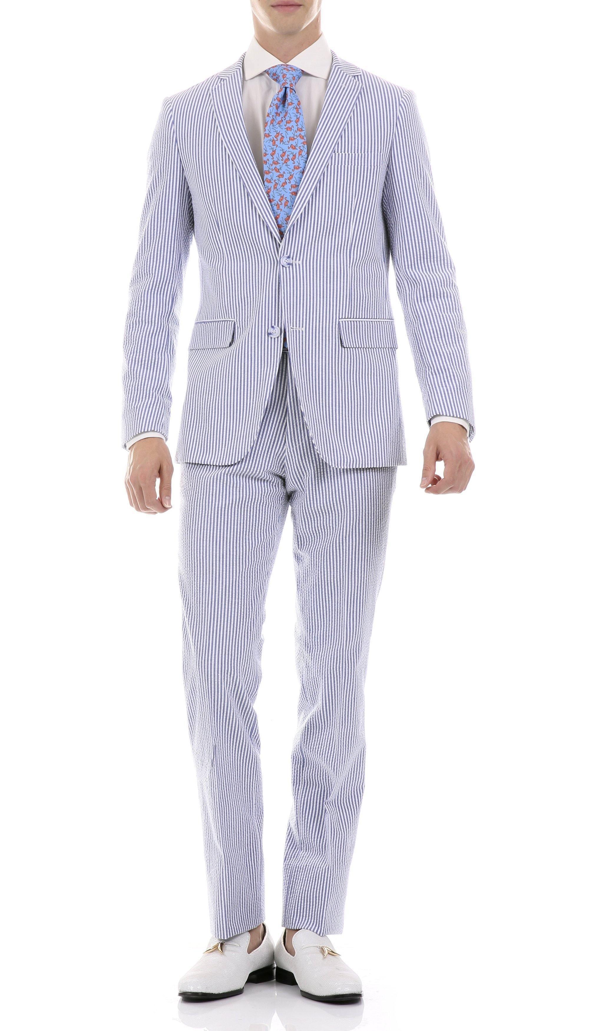 Men's 2-Piece Summer Seersucker Slim Fit Suit - Blue Pinstripe | Lightweight Breathable Formal Attire for Weddings, Business Meetings & Summer Events