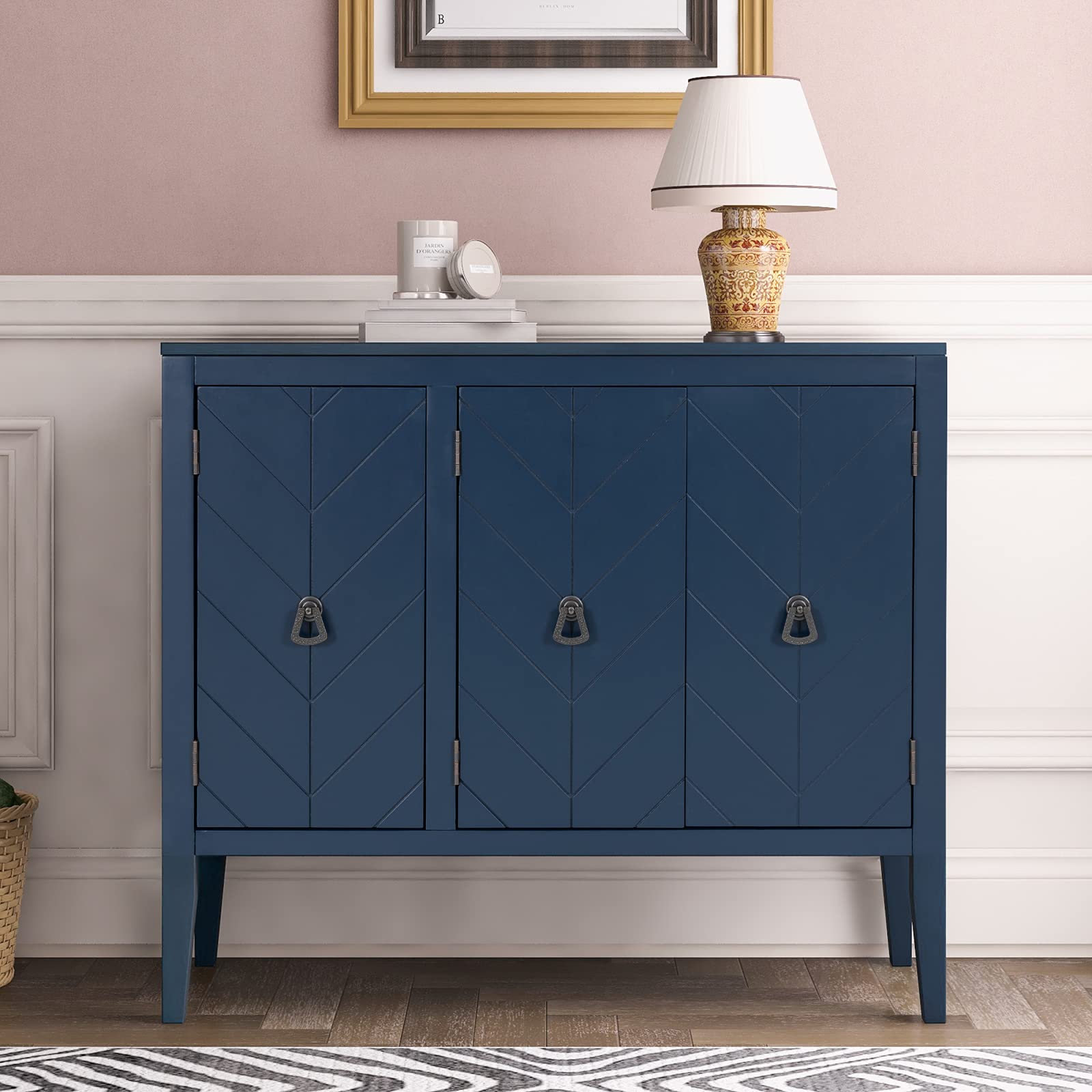 Antique Wooden Buffet Cabinet with Storage - Adjustable Shelves, 3 Doors with Anti-Skid Handles - Entryway, Living Room & Bedroom Sideboard - Perfect for Dining Room Storage & Home Decor (Blue)