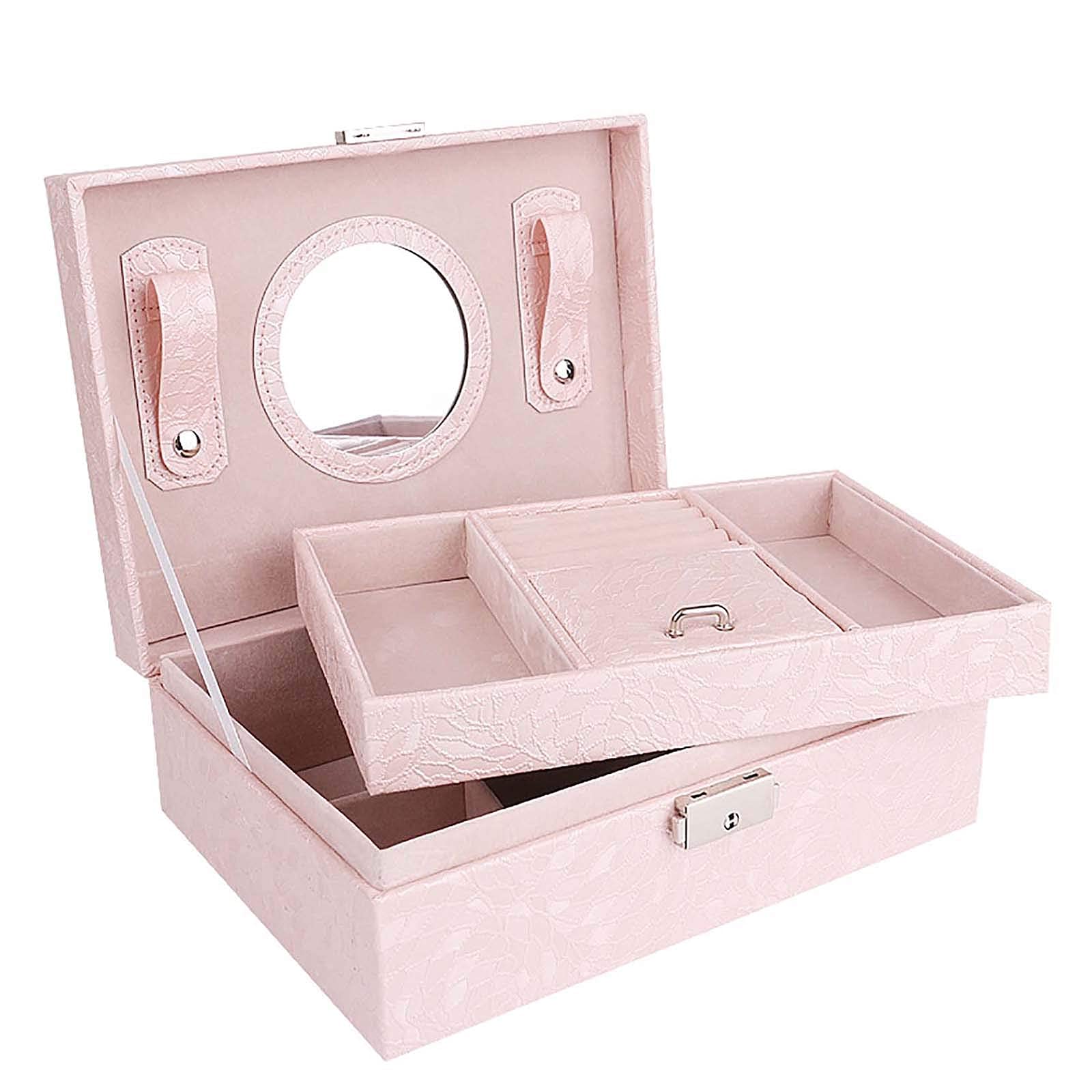 Large White PU Leather Jewelry Box for Women - 2-Tier Storage with Key & Mirror, Organizer for Necklaces, Rings, Earrings, Bracelets & Watches | Perfect for Travel, Gift & Bedroom Vanity (Pink)