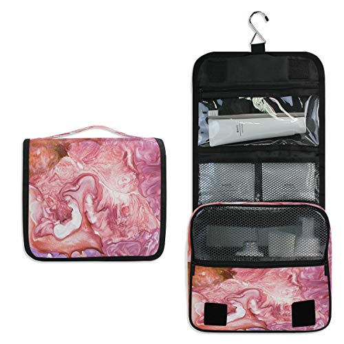 Waterproof Pink Marble Hanging Toiletry Bag for Women - Large Travel Cosmetic Organizer with Hooks, Makeup Pouch for Shower, Bathroom & Vacation - Perfect Gift for Girls & Women