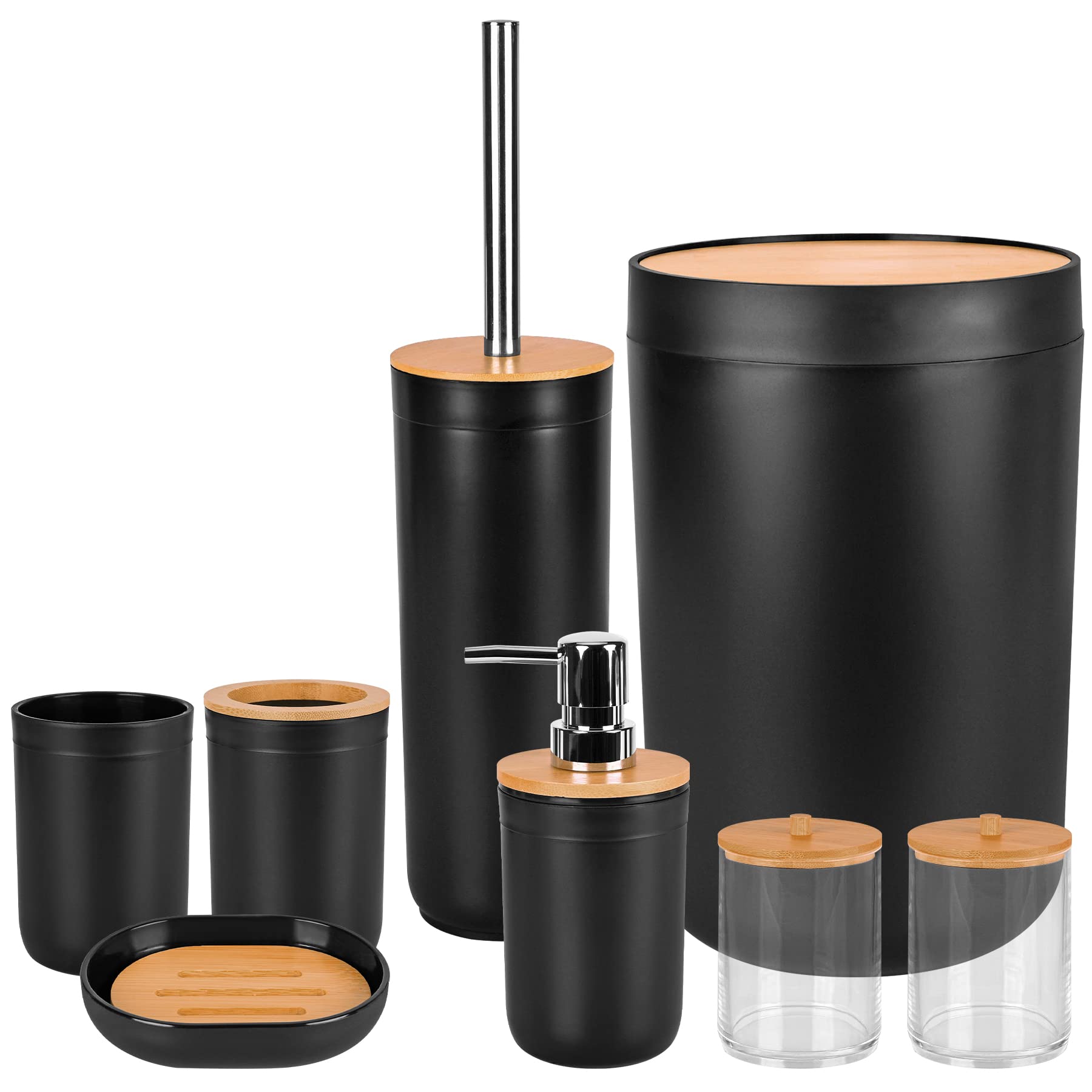 8-Piece Bathroom Accessories Set - Plastic Toothbrush Holder, Cup, Soap Dispenser, Dish, Toilet Brush Holder, Trash Can, Cotton Swab Jar & Tumbler Straw Set (Black) - Modern Bathroom Organization for Home, Apartment & Guest Room Decor
