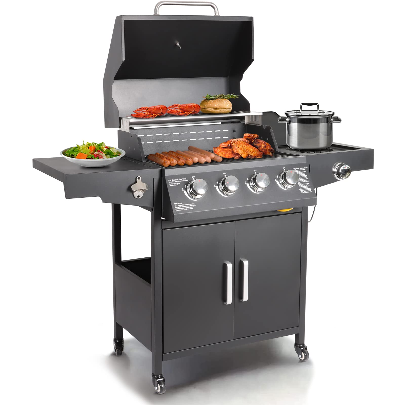 **4-Burner Propane Gas Grill with Side Burner - Freestanding Outdoor BBQ Grill Cart with Wheels for Backyard, Garden, and Patio Cooking - Black**