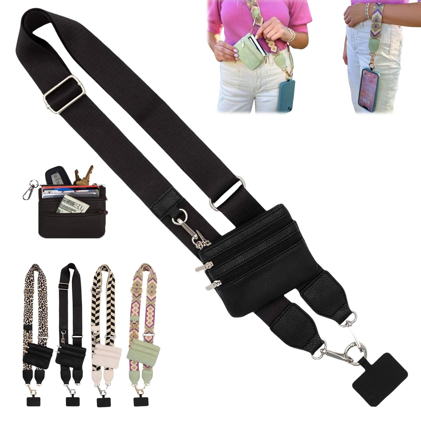 2025 New Adjustable Clip and Go Phone Strap with Zippered Pouch & Crossbody Wallet - Hands-Free Phone Holder for iPhone Samsung - Perfect for Shopping, Travel, and Everyday Use (1P-A)