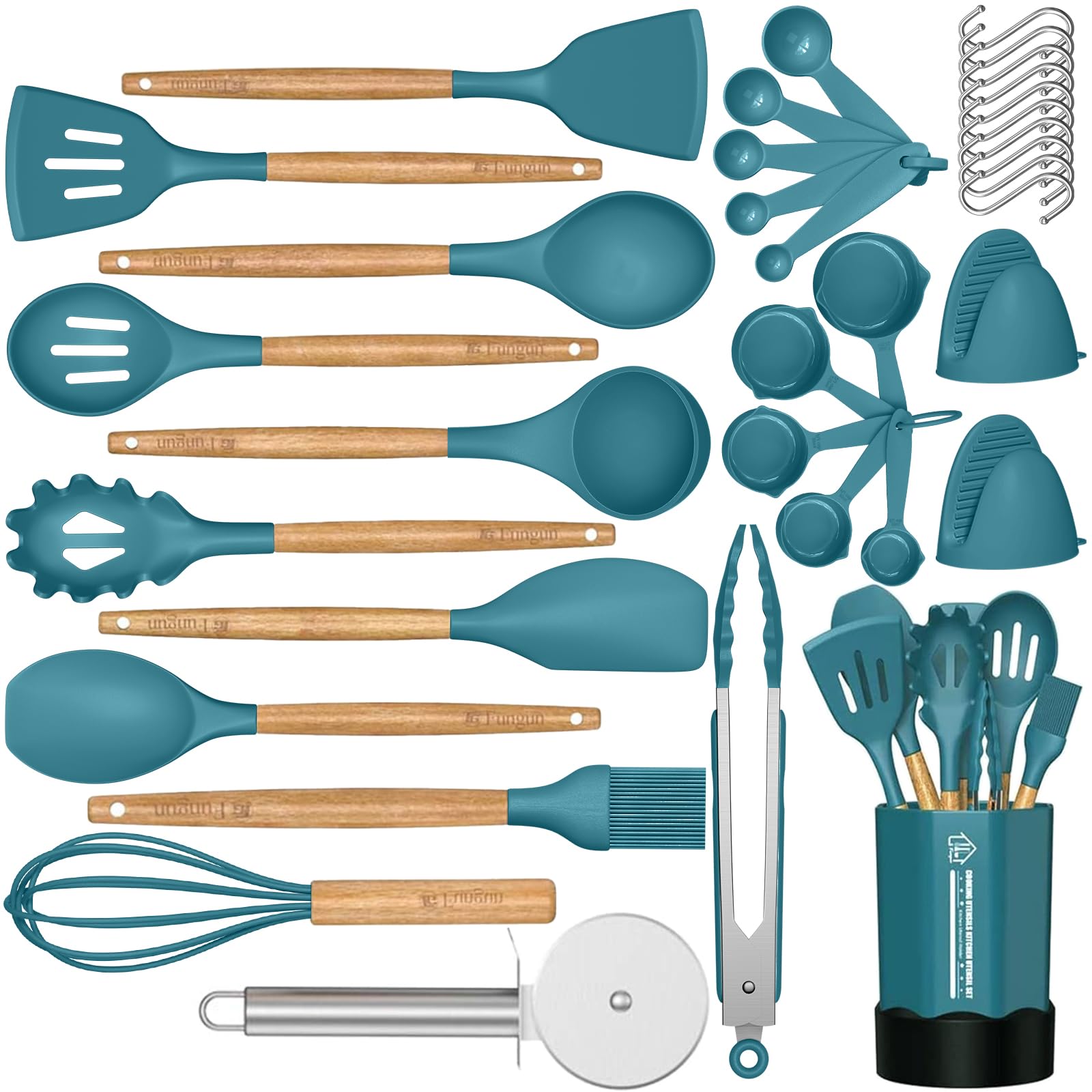 **Fungun 35-Piece Silicone Kitchen Utensil Set with Wooden Handle - Spoons, Spatulas, Turner, Tongs, Whisk & Holder - Non-Stick Cookware Tools for Baking, Cooking & Grilling**