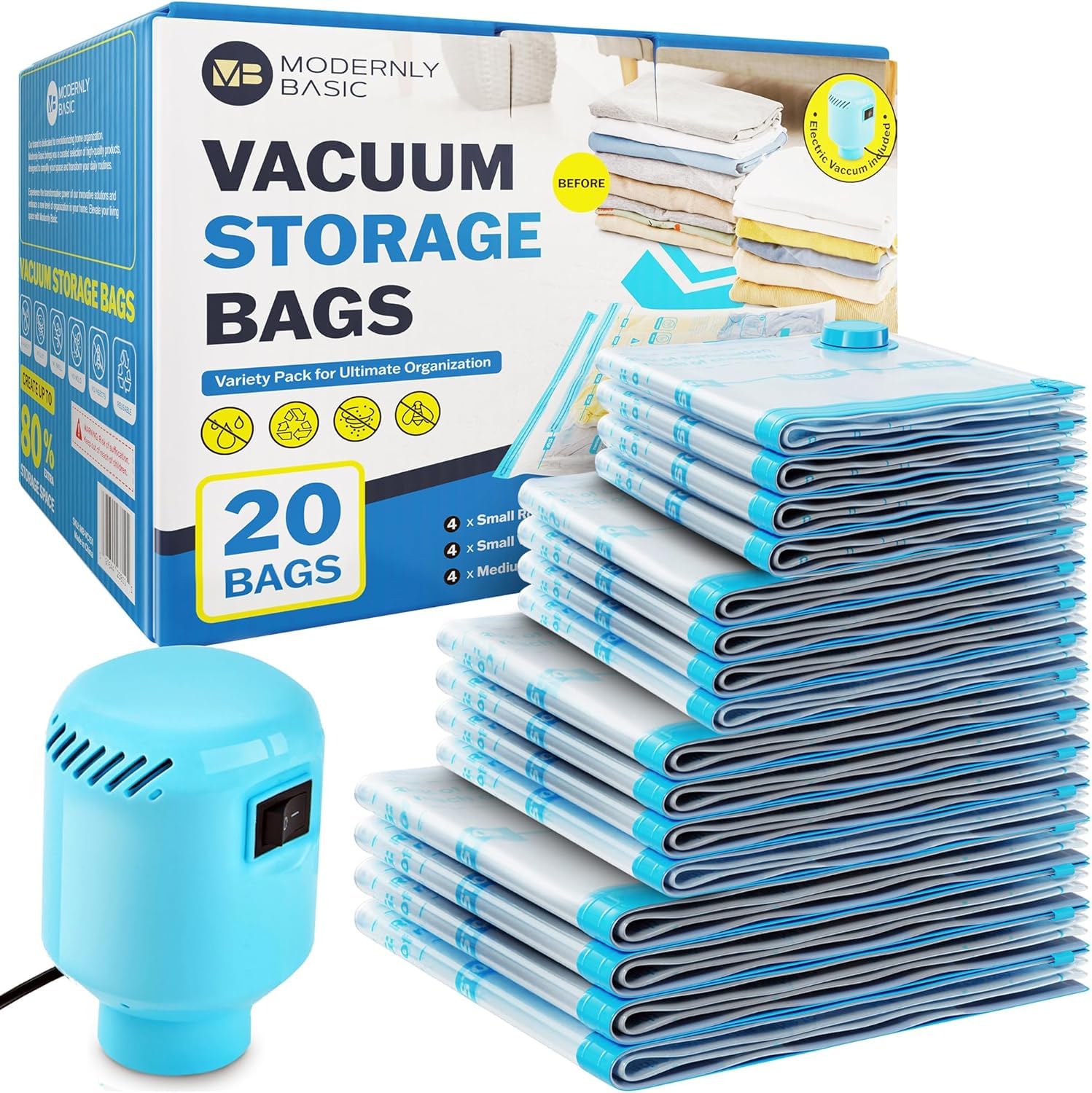 20 Pack Vacuum Storage Bags with Electric Pump - Space Saving Clothes & Blanket Organizer for Travel, Moving & Seasonal Storage (White & Blue)
