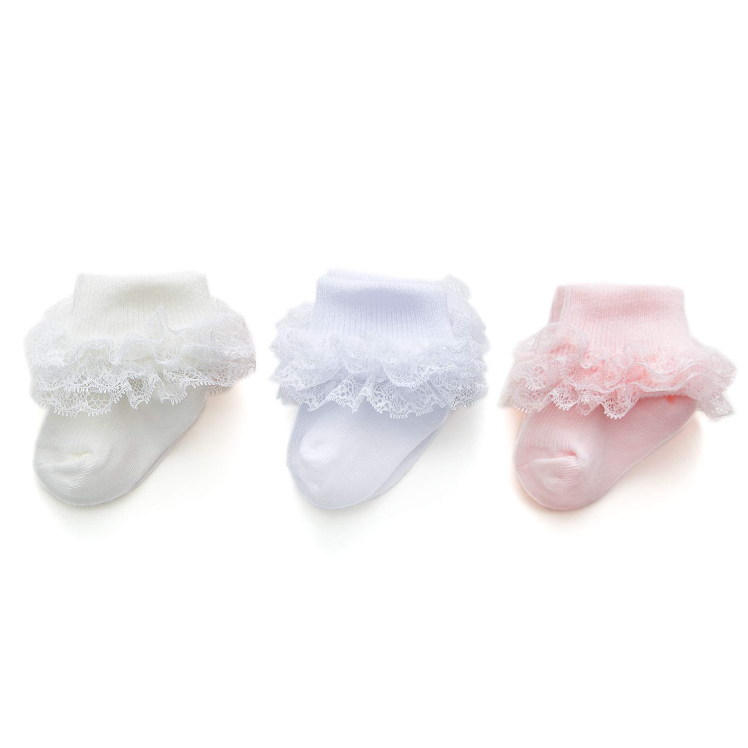 EPEIUS Baby Girls Eyelet Lace Socks with Ruffled Cuffs - 3/5 Pairs for Newborn, Infant & Toddler - Soft Dressy Socks for Special Occasions, Photo Shoots & Everyday Wear