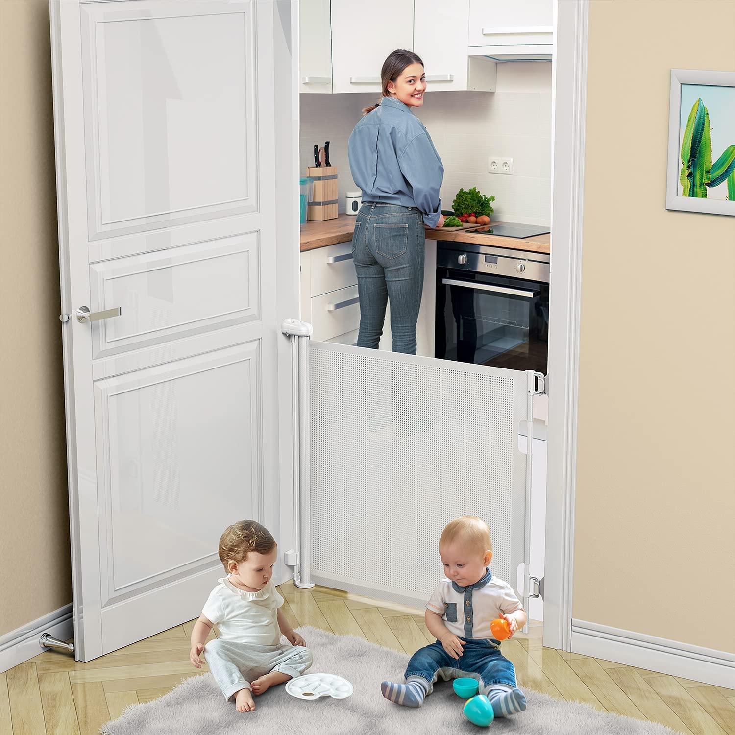 125 Inch Extra Wide Retractable Baby Gate - Expandable Safety Barrier for Large Openings, Stairs & Doorways - White Mesh Pet Gate for Indoor Use - Perfect for Homes with Babies, Toddlers & Dogs