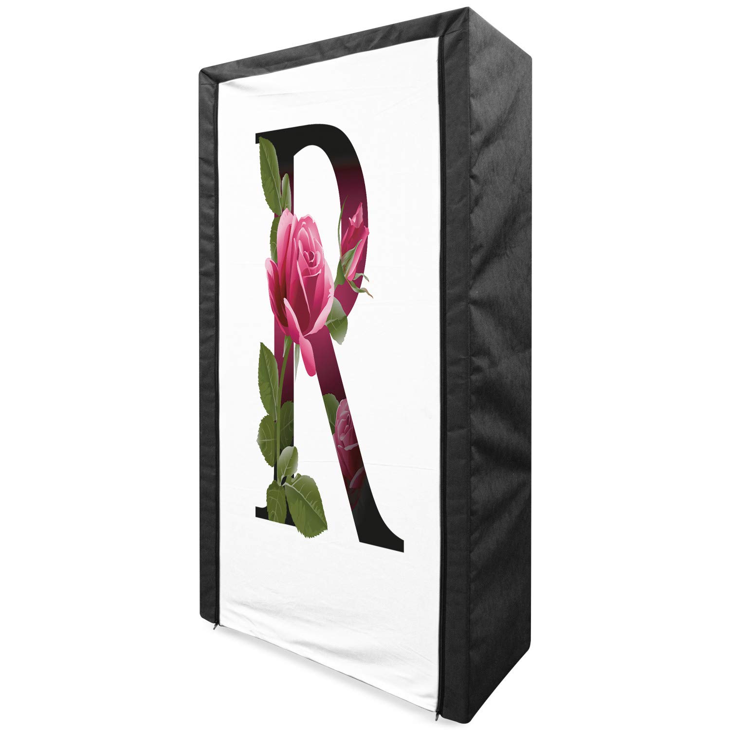 Ambesonne Letter R Portable Fabric Wardrobe - Floral Rose Design Clothing Organizer with Shelves, 33.5 Inch Closet Storage for Bedroom, Pink Green White - Perfect for Small Spaces, Dorm Rooms & Nursery Organization