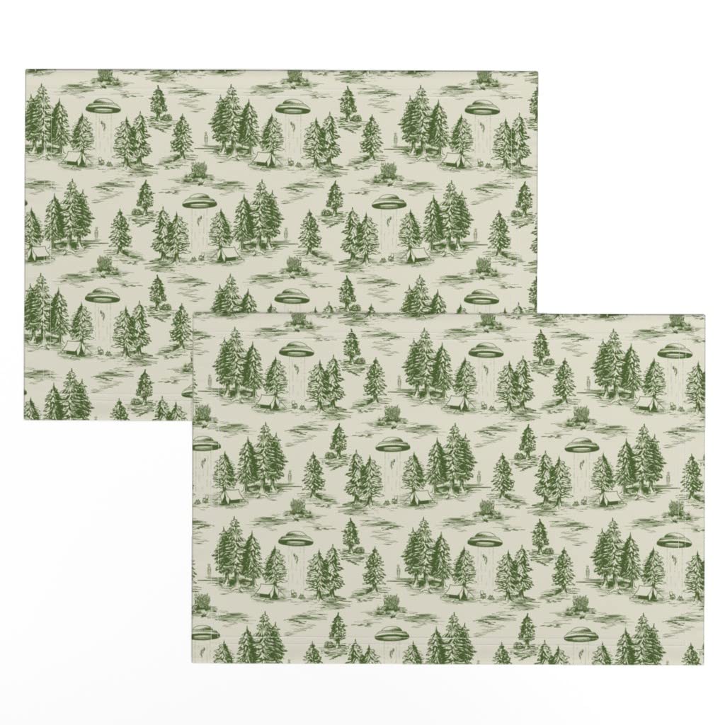 Linen Cotton Canvas Placemats Set of 2 - Small Scale Green Toile Pattern Whimsical Funny Print Table Mats | Perfect for Dining Table Decor, Kitchen Accessories & Dinner Party Settings