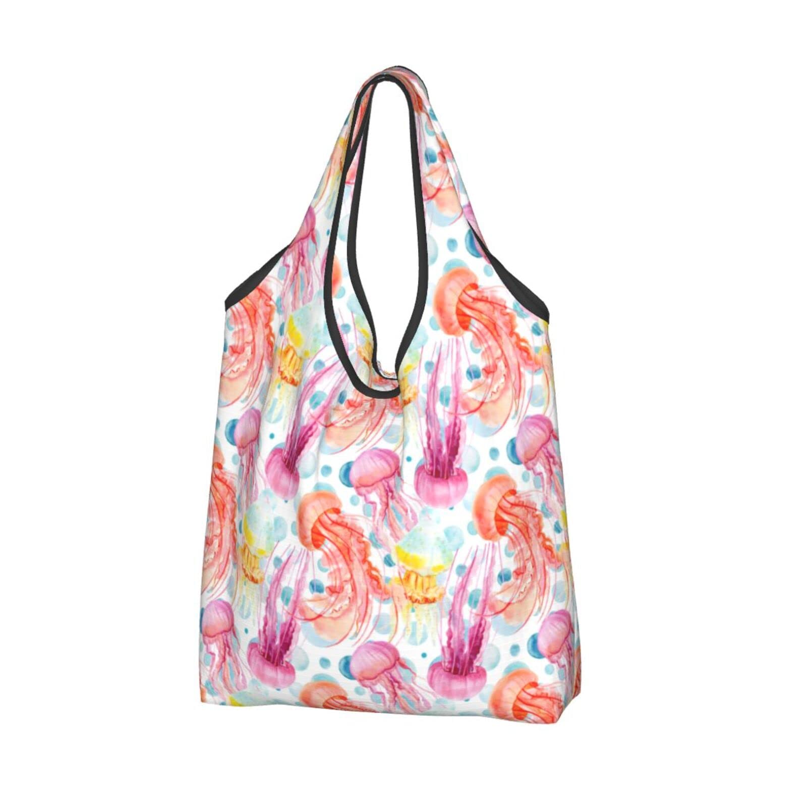 Eco-Friendly Waterproof Reusable Shopping Bags - Large Foldable Tote with Watercolor Bubbles & Jellyfish Design - Perfect for Groceries, Beach Trips, and Sustainable Shopping