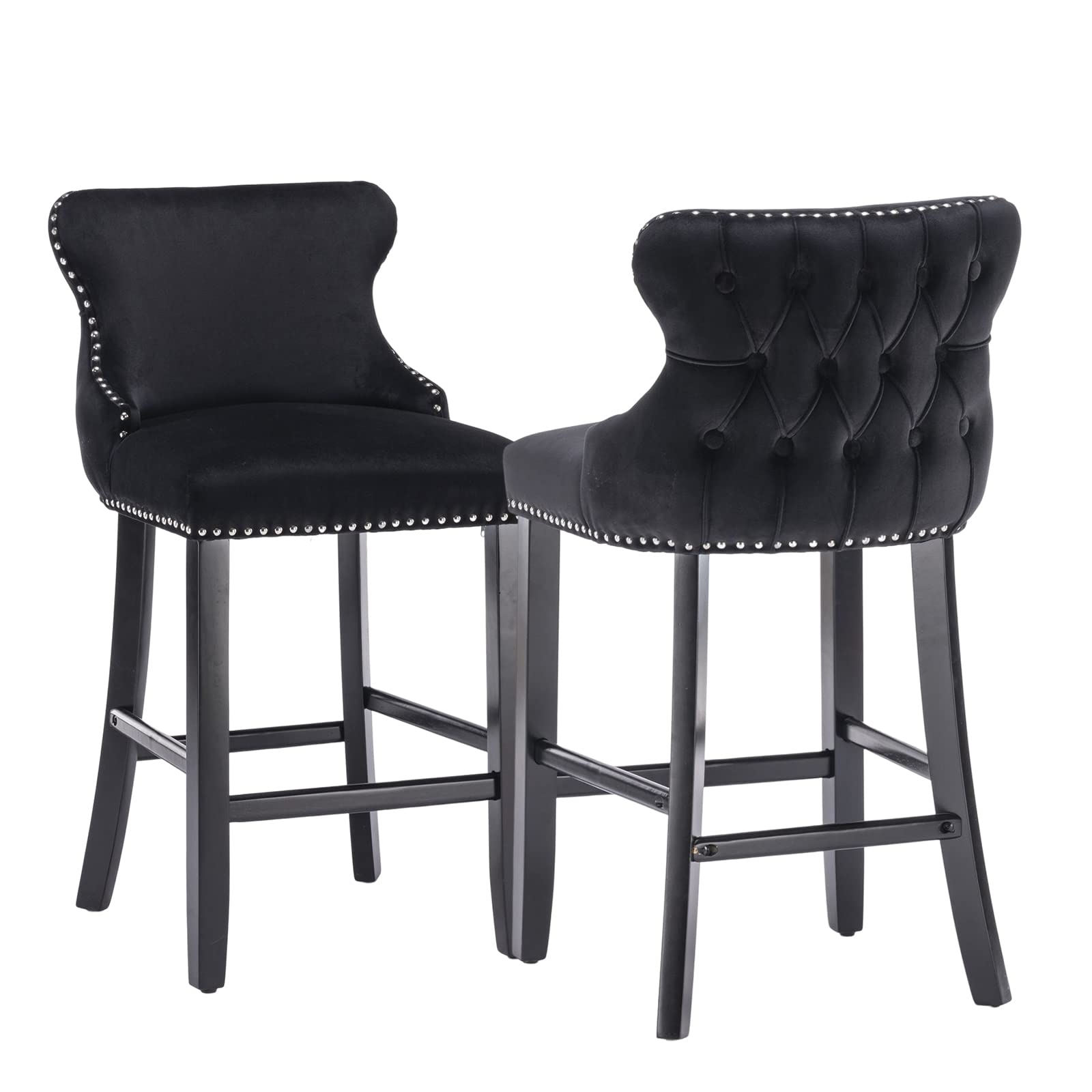 2 Black Velvet Bar Stools Set - Modern Upholstered Kitchen Counter Stools with Button Tufted Wing Back, Nailhead Trim & Solid Wood Legs - Perfect for Home Bars, Kitchen Islands & Pub Settings