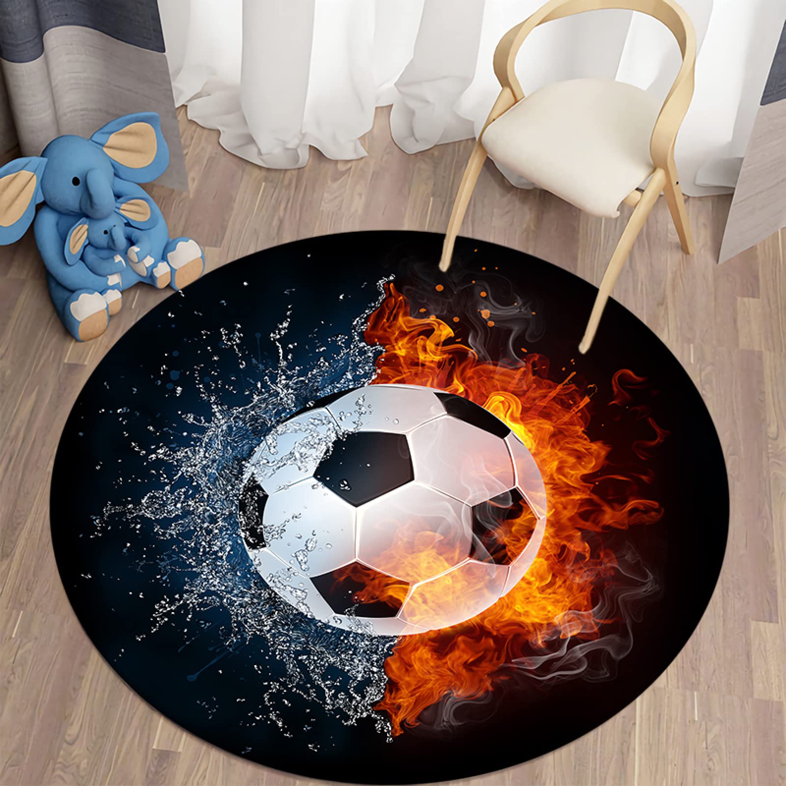 MASTPOINT Ice Fire Football 3D Round Area Rug - Non-Slip Living Room Carpet, Coffee Table Rug for Boys & Girls Bedroom, Study Floor Mat - Perfect for Sports Themed Decor & Cozy Home Spaces