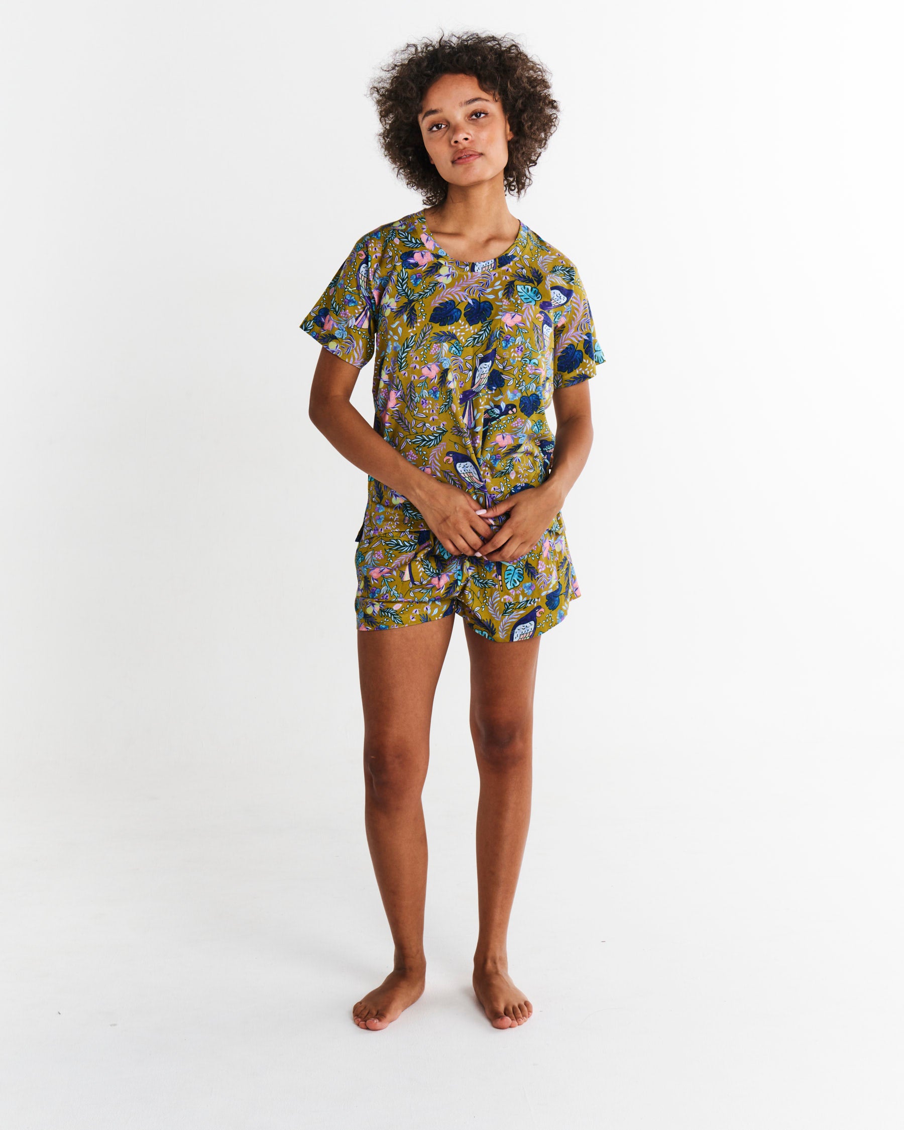 Birds of Paradise Organic Cotton Short Sleeve T-Shirt & Shorts Pajama Set - Soft Sleepwear for Women & Men - Perfect for Summer Nights & Lounge Wear
