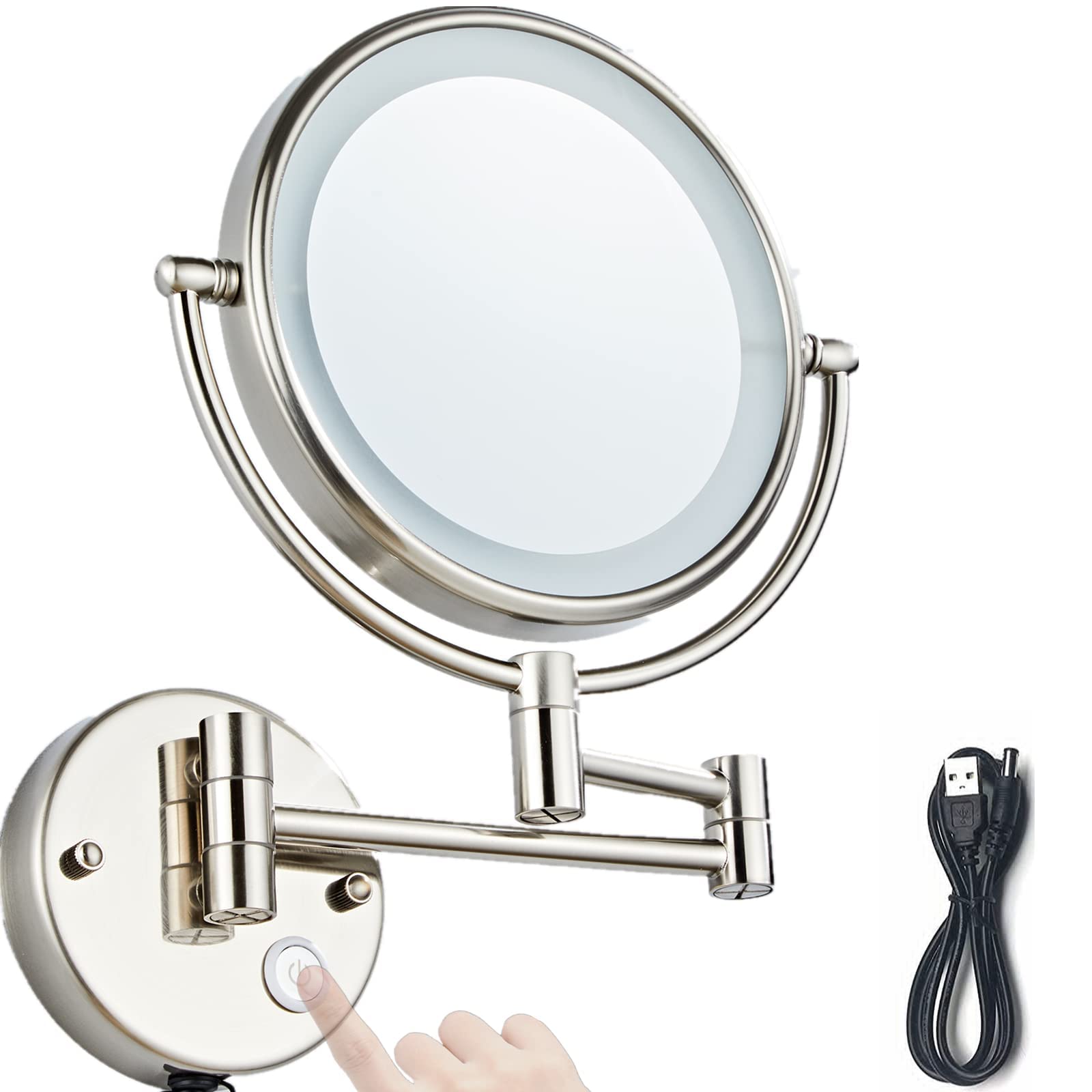 10X Magnification Wall Mounted Makeup Mirror - 8 Inch Double Sided Vanity Mirror with LED Lights, USB Rechargeable & Touch Control - Perfect for Girls' Dressing Room, Bathroom or Salon (Nickel)