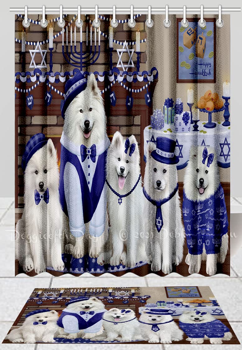Happy Hanukkah Family Samoyed Dogs Bath Mat & Shower Curtain Set - Non-Slip Bathroom Decor, Plush Rug & Polyester Bathtub Curtain with Hooks (Bath Mat 16