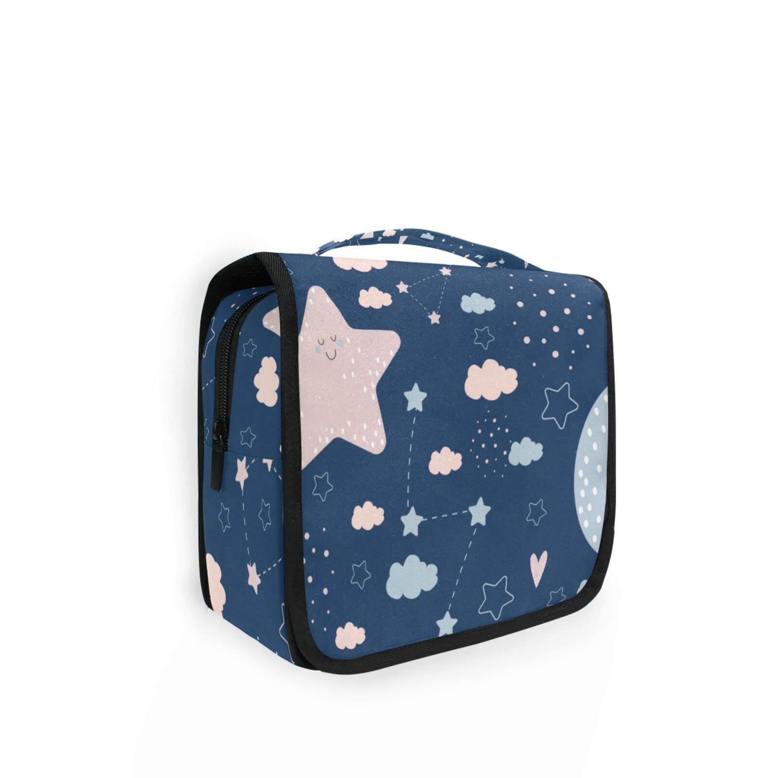 Stylish Clouds & Moon Hanging Toiletry Bag for Women & Men - Travel Cosmetic Organizer with Hook - Perfect for Family Trips, Camping & Gym - Kawaii Blue Makeup Bag