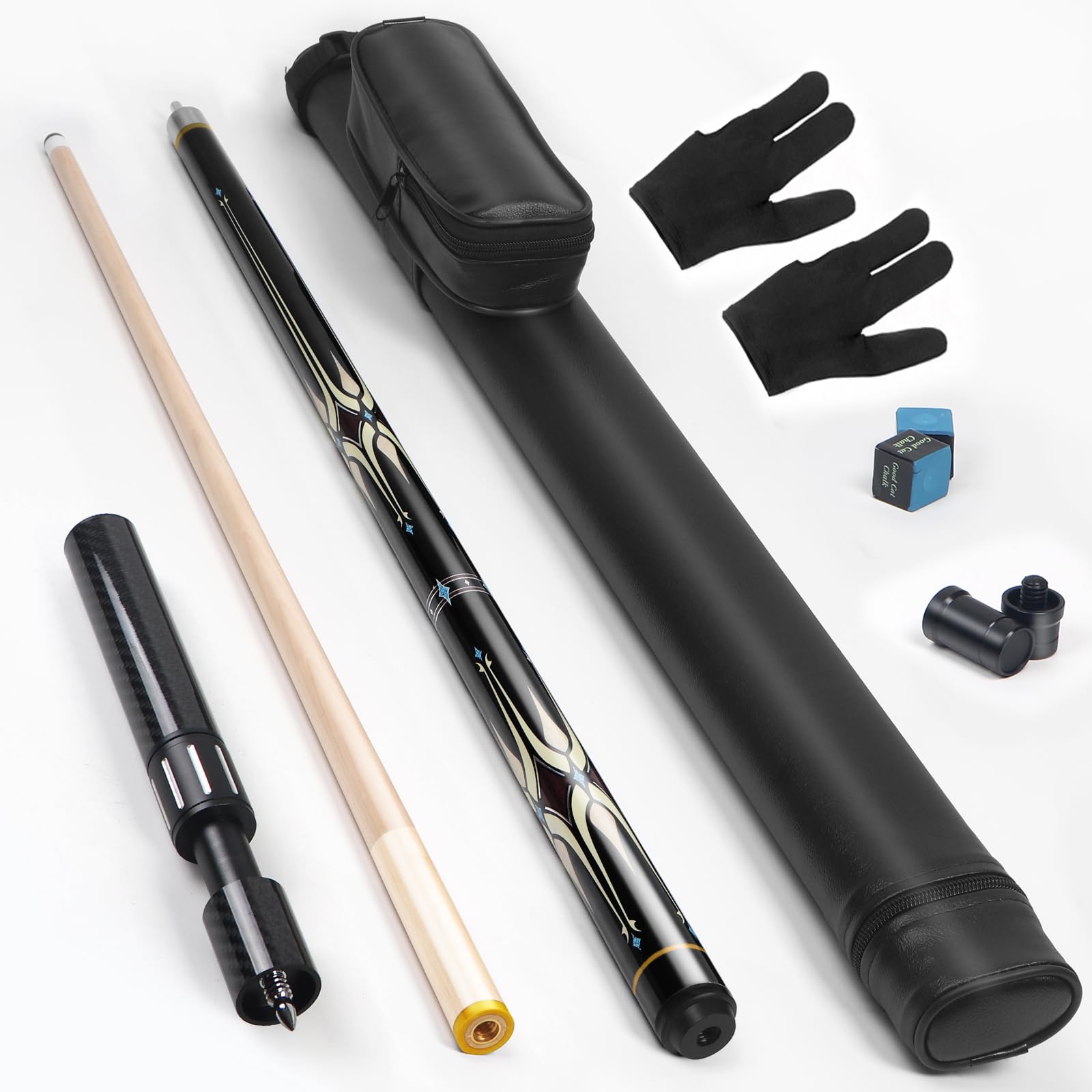 Lotmusic 58-Inch Professional Telescopic Fiber Pool Cue Stick Set with Extension Cue & Black Case – Perfect for Billiards, Pool Halls, and Home Game Rooms
