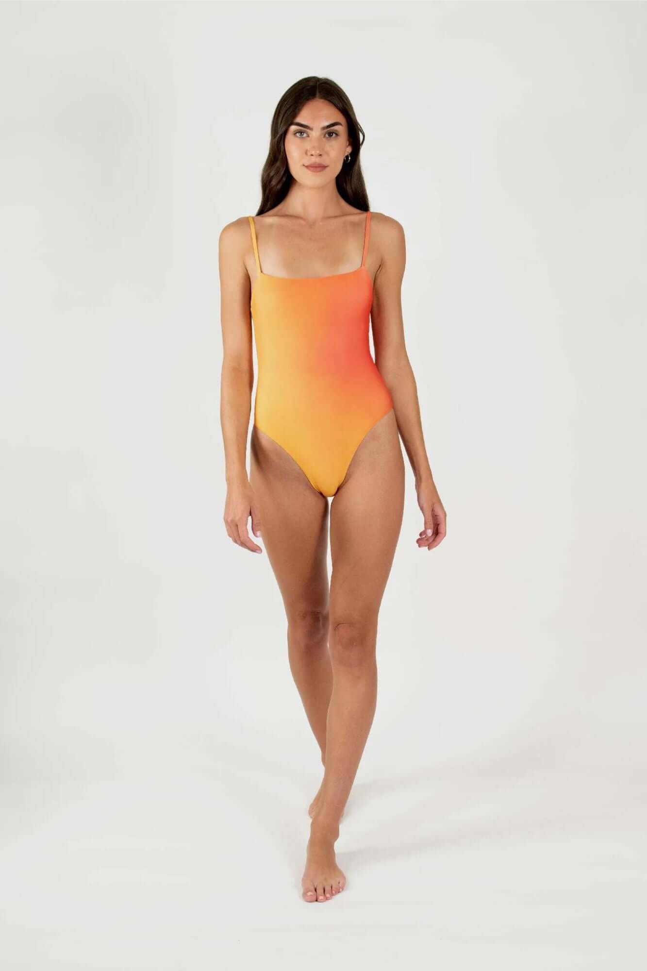 Orange One Piece Swimsuit with Straight Neckline - Perfect for Beach Vacations, Pool Parties & Summer Getaways