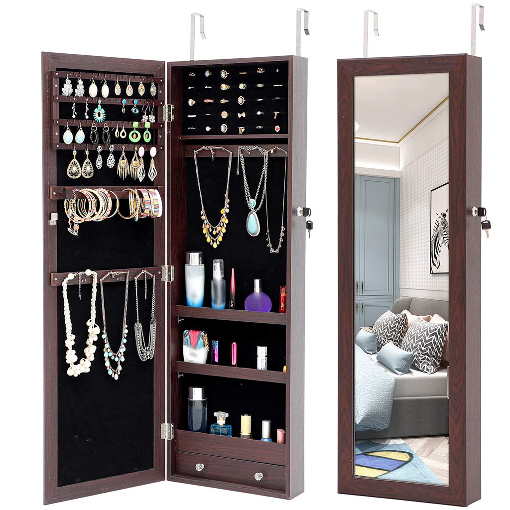 ZYY Jewelry Cabinet with Full Length Mirror - Lockable Jewelry Organizer, Large Capacity Dressing Mirror, Hanging Mirror - Brown | Perfect for Bedroom, Closet & Vanity Organization