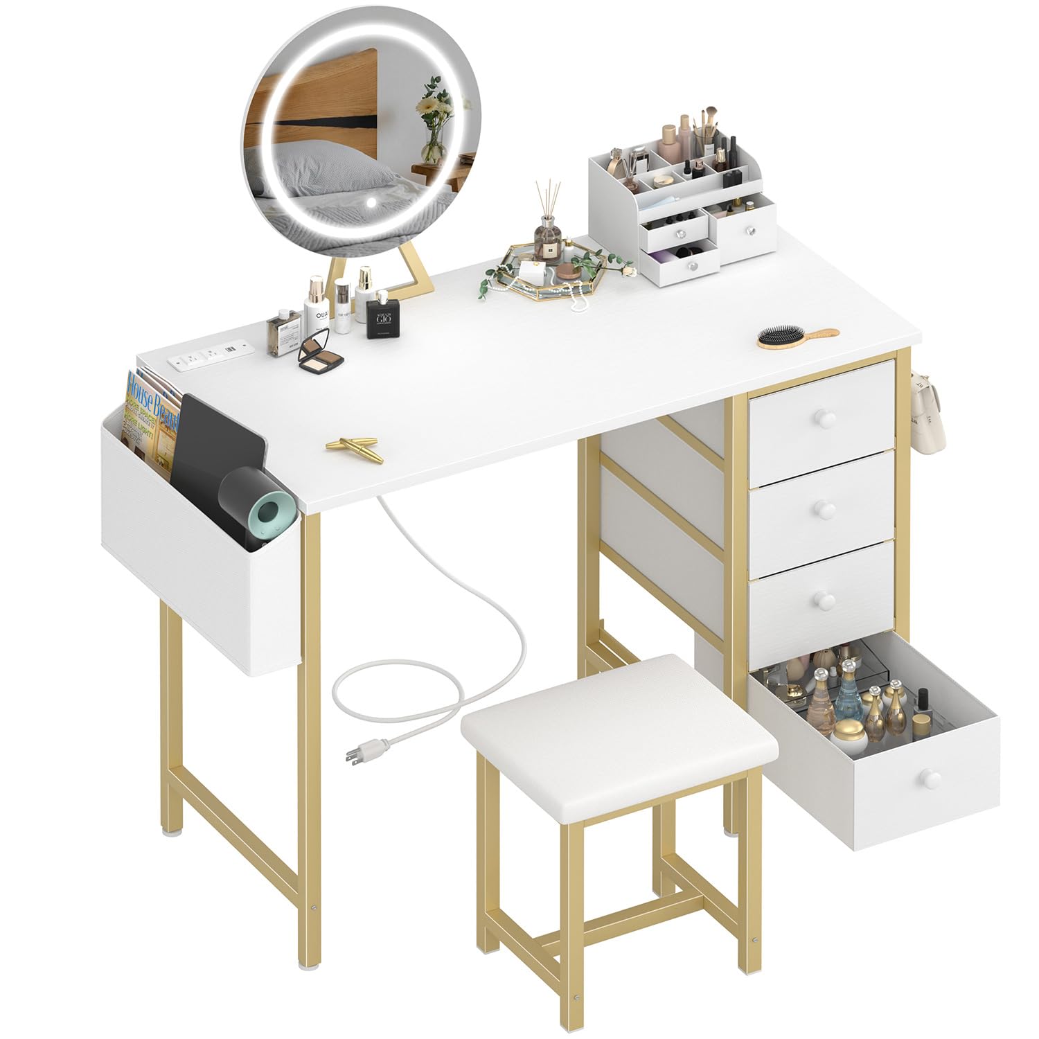 Gold Vanity Desk with Mirror and Light - Makeup Vanity Set with Chair, Storage, 4 Fabric Drawers & Power Outlet | Dressing Table for Girls Bedroom, Perfect for Makeup, Skincare & Jewelry Organization