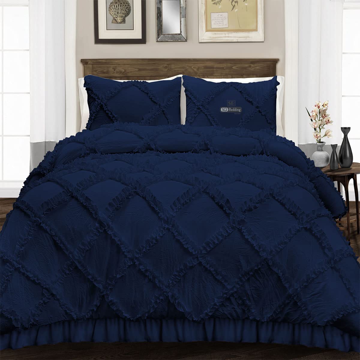 Premium 100% Egyptian Cotton 600 Thread Count Duvet Cover Set - Ultra Soft & Breathable 3-Piece Quilt Cover with Zipper Closure & Corner Ties (Oversized Queen, Navy Blue Diamond Ruffle) for Luxury Bedroom Decor & Hotel-Style Comfort