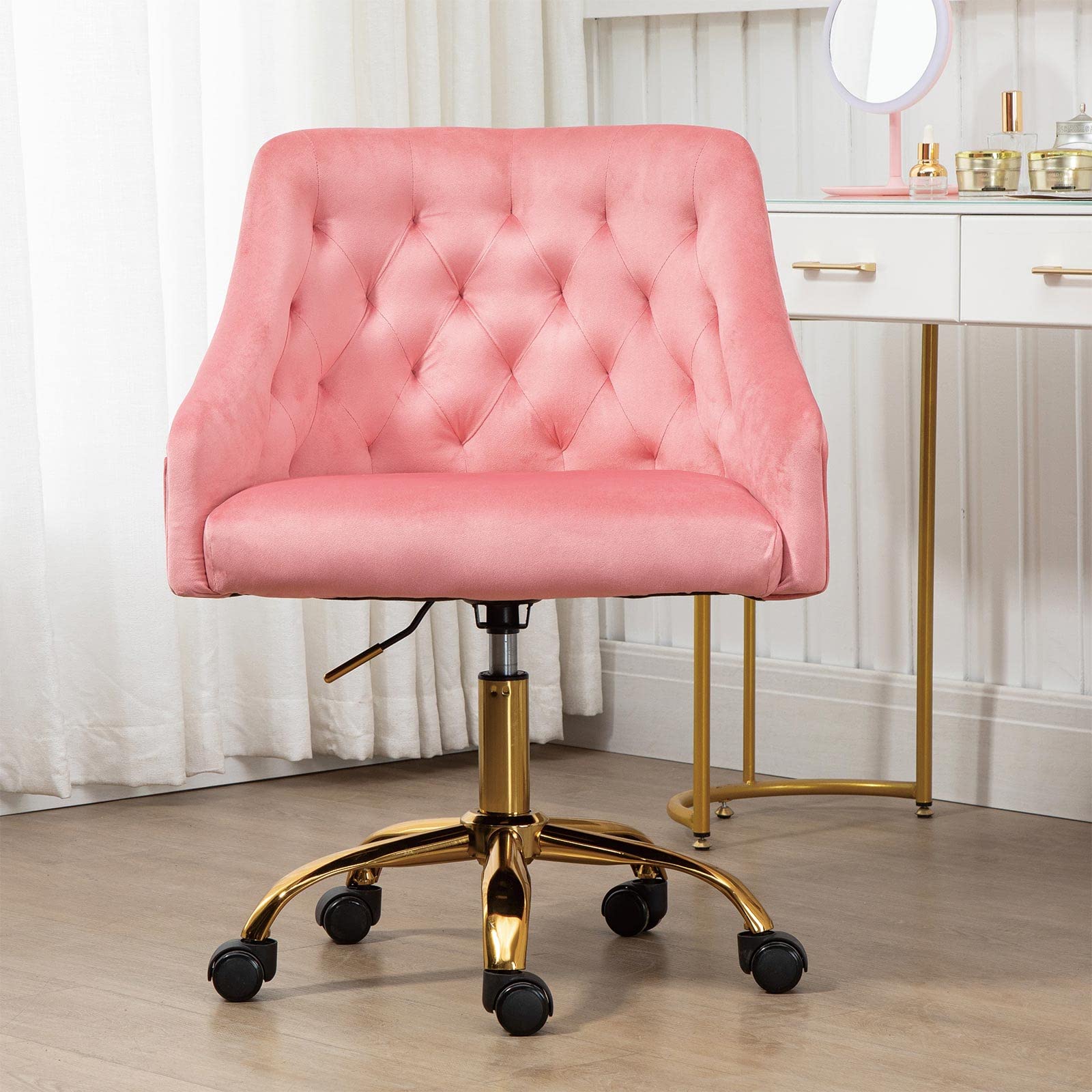 Premium Velvet Home Office Chair - Adjustable Swivel Armchair with Soft Upholstered Seat, Modern Executive Desk Chair for Study, Living Room & Bedroom (Peach) - Perfect for Remote Work, Gaming & Vanity Areas