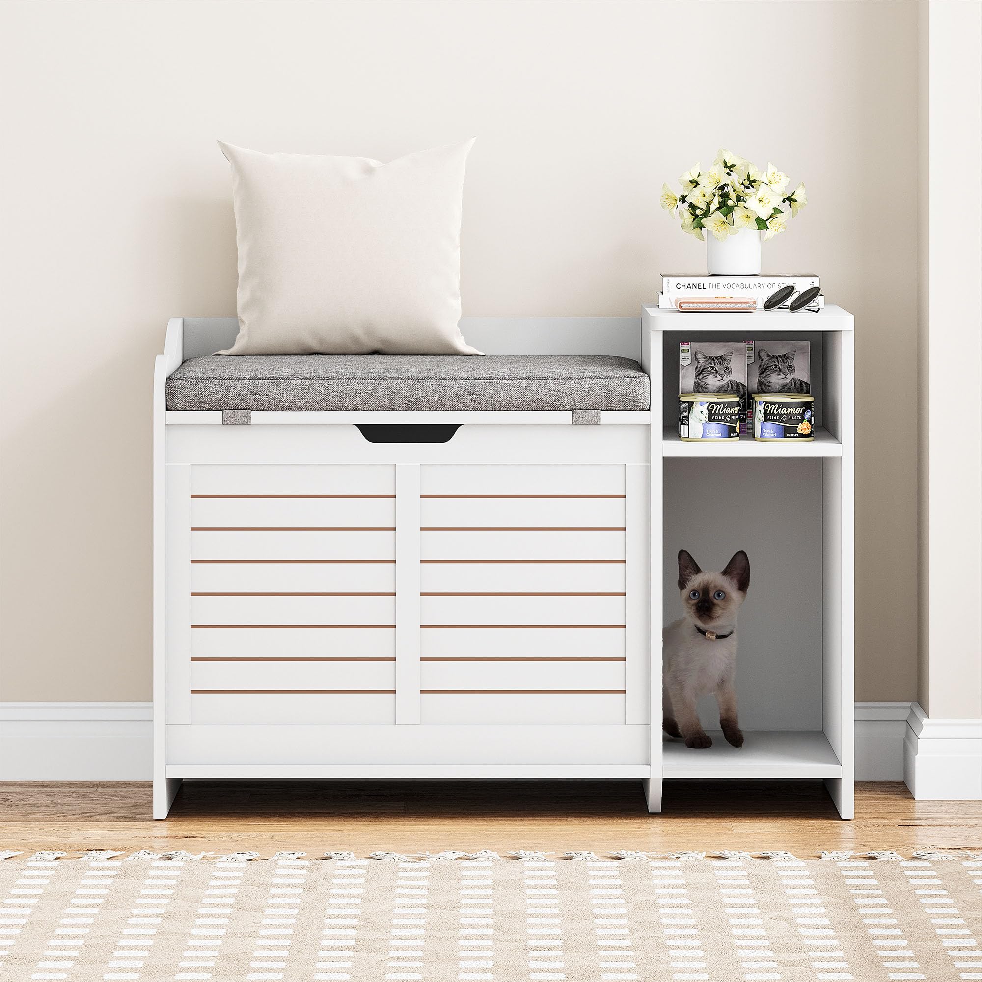 IDEALHOUSE White Cat Litter Box Enclosure with Top Opening & Cushion - Hidden Cat Litter Box Furniture Cabinet for Privacy, Cat House for Home & Apartment - Perfect for Small Spaces & Multi-Cat Households