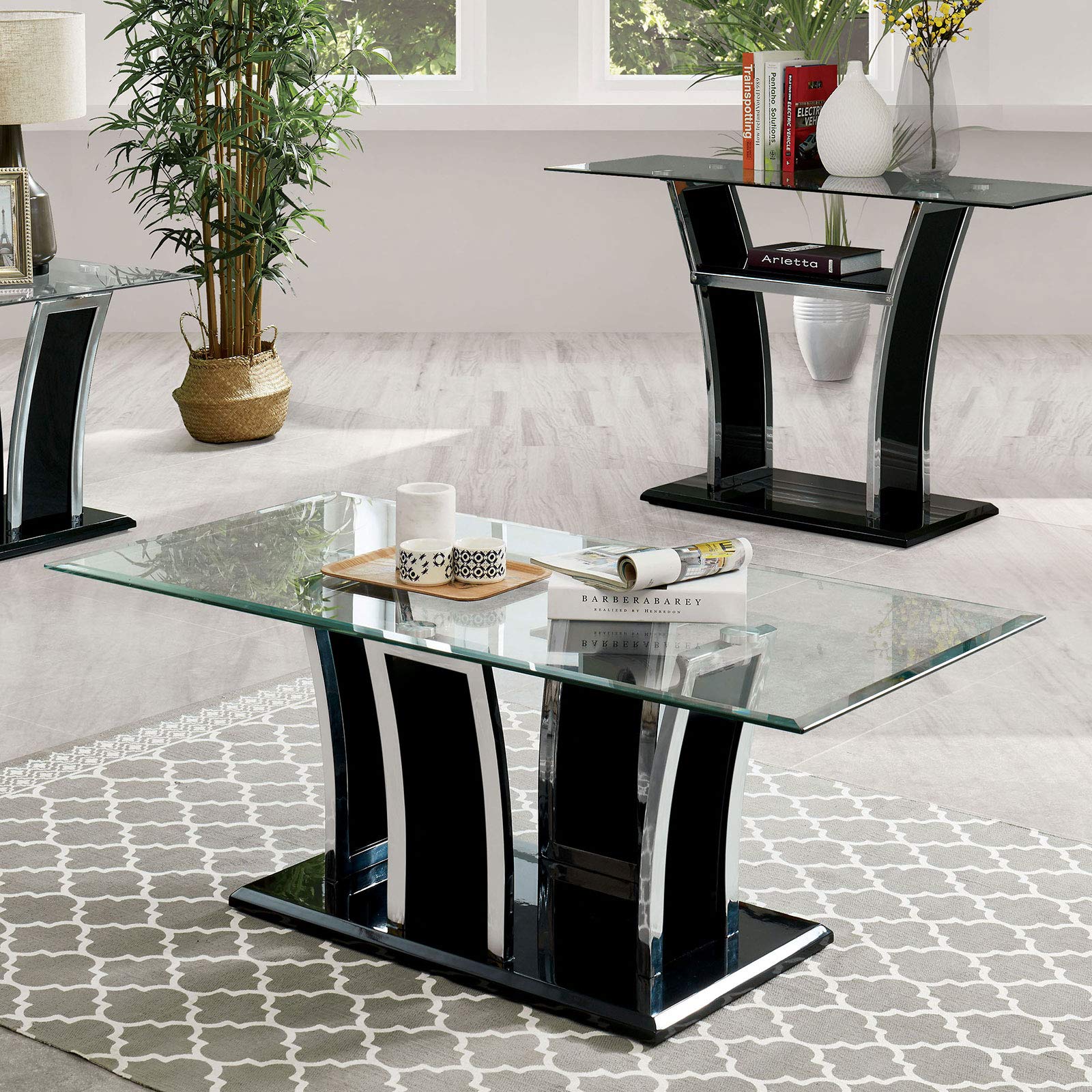 Benjara Modern Glass Coffee Table with Chrome Flared Base - Black & Clear Tempered Glass Top for Living Room, Lounge, or Office Decor