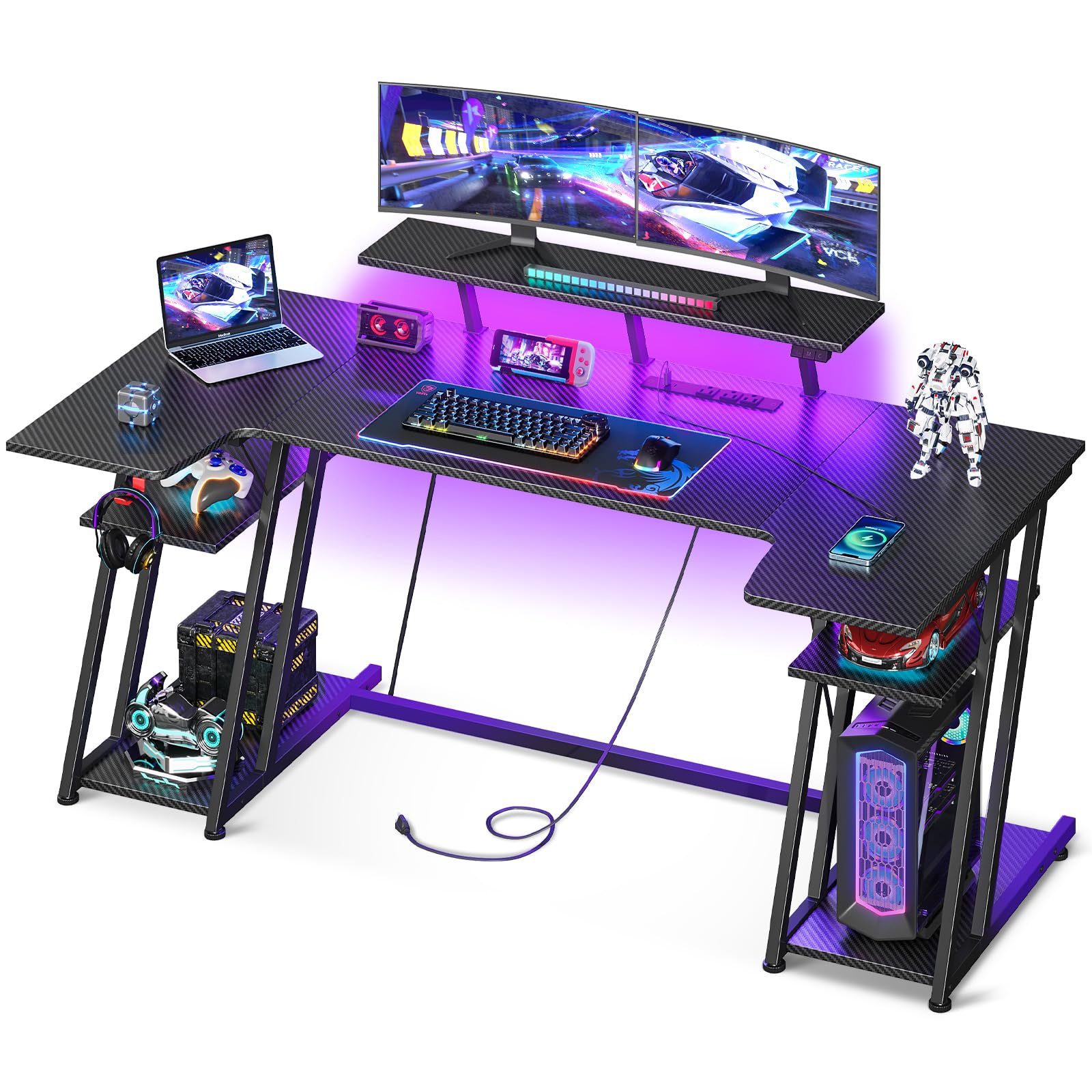 MOTPK 60 Inch U-Shaped Gaming Desk with LED Lights, Power Outlet & Storage Shelves - Carbon Fiber Texture Black PC Computer Desk with Monitor Stand & Headphone Hook - Perfect for Gamers, Streamers & Home Office Setup