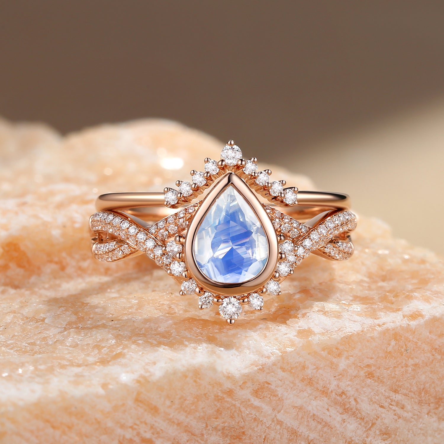 Pear Moonstone Bezel Infinity Ring Set - 2 Piece Silver Jewelry for Women | Perfect for Weddings, Anniversaries & Gift Giving