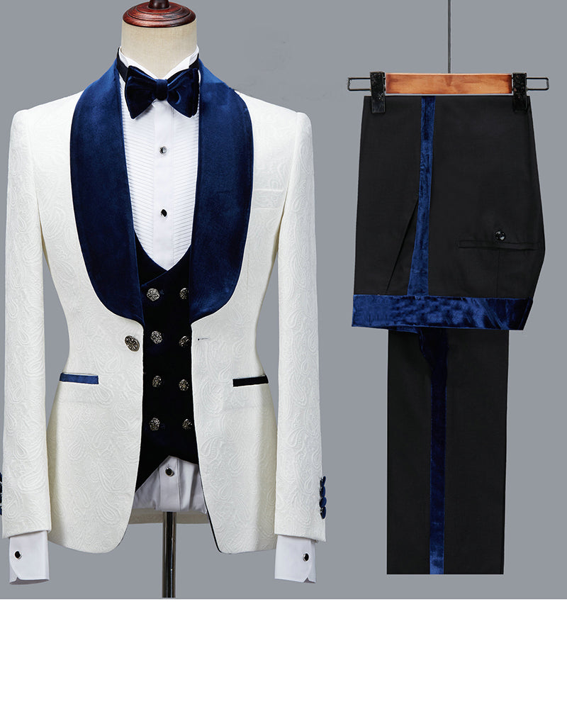 Royal Blue Flannel Ivory Pattern Jacquard 3-Piece Men's Wedding Suit Tuxedo CB1017 | Perfect for Formal Weddings, Proms & Black Tie Events