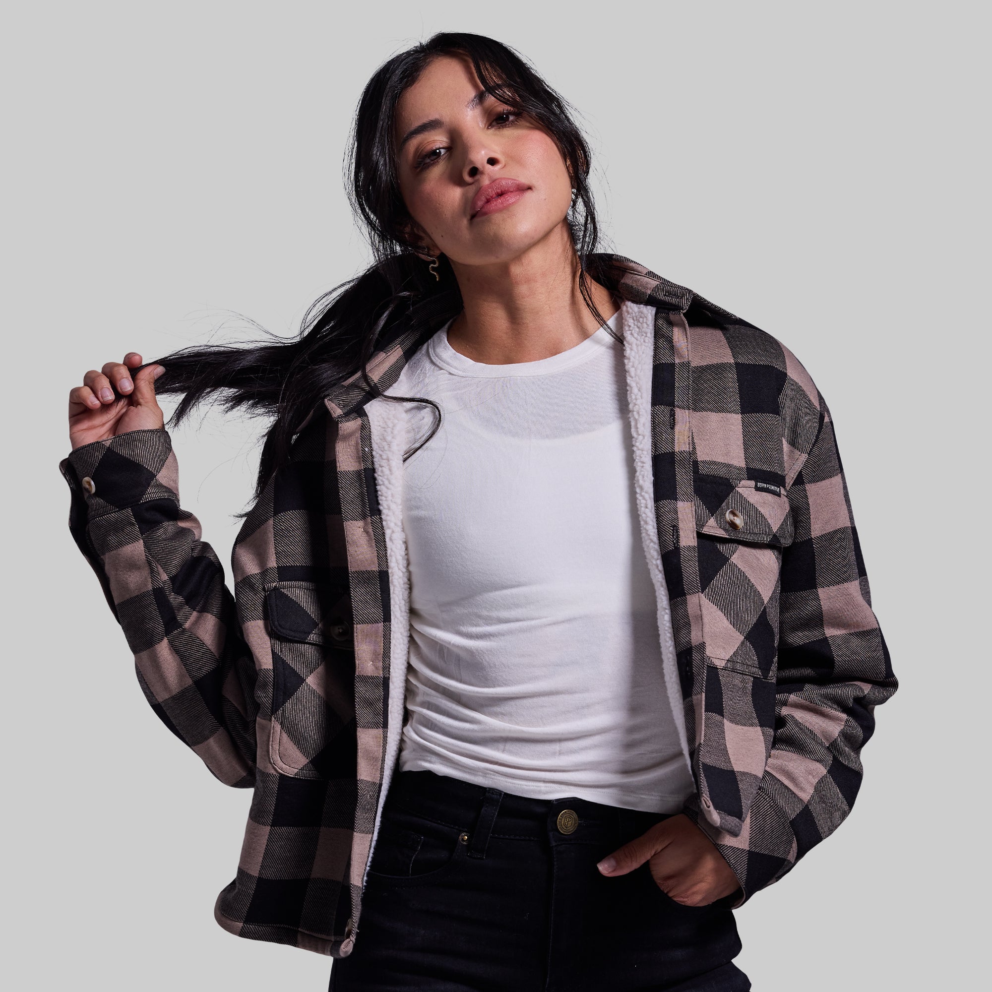 Women's Sherpa Cropped Flannel Shirt - Soft Plaid Winter Jacket with Axe Print | Cozy Layering for Fall & Winter, Outdoor Camping, and Casual Streetwear