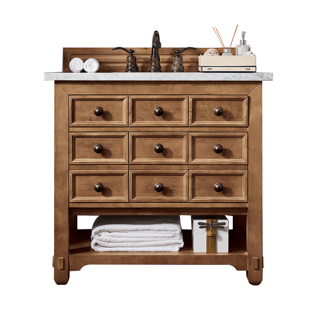 Malibu 36 Inch Single Bathroom Vanity with Honey Alder Wood & 3CM Arctic Fall Solid Surface Top - Perfect for Modern Master Bathrooms & Guest Bathroom Renovations