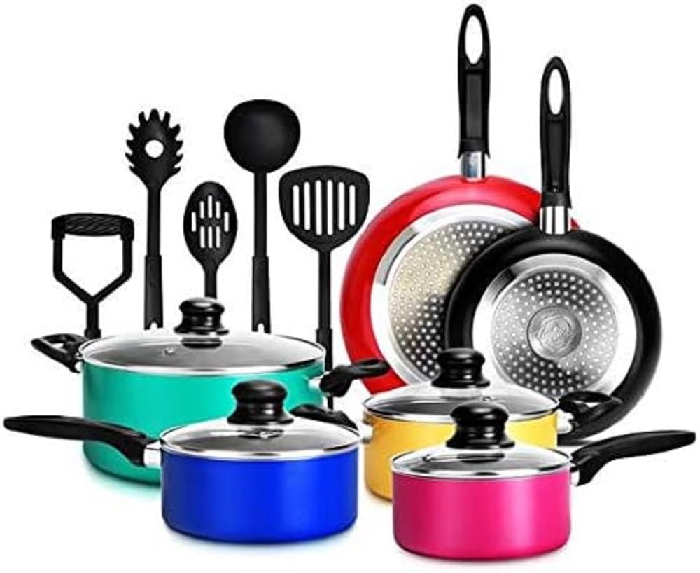 15-Piece Nonstick Kitchen Cookware Set - PTFE/PFOA/PFOS-Free, Colorful Heat Resistant Lacquer Pots & Pans with Saucepot, Frying Pans, Oven Pot & Lids - Includes 5 Cooking Utensils - Perfect for Home Cooking, Baking & Meal Prep - NCCWCOR15