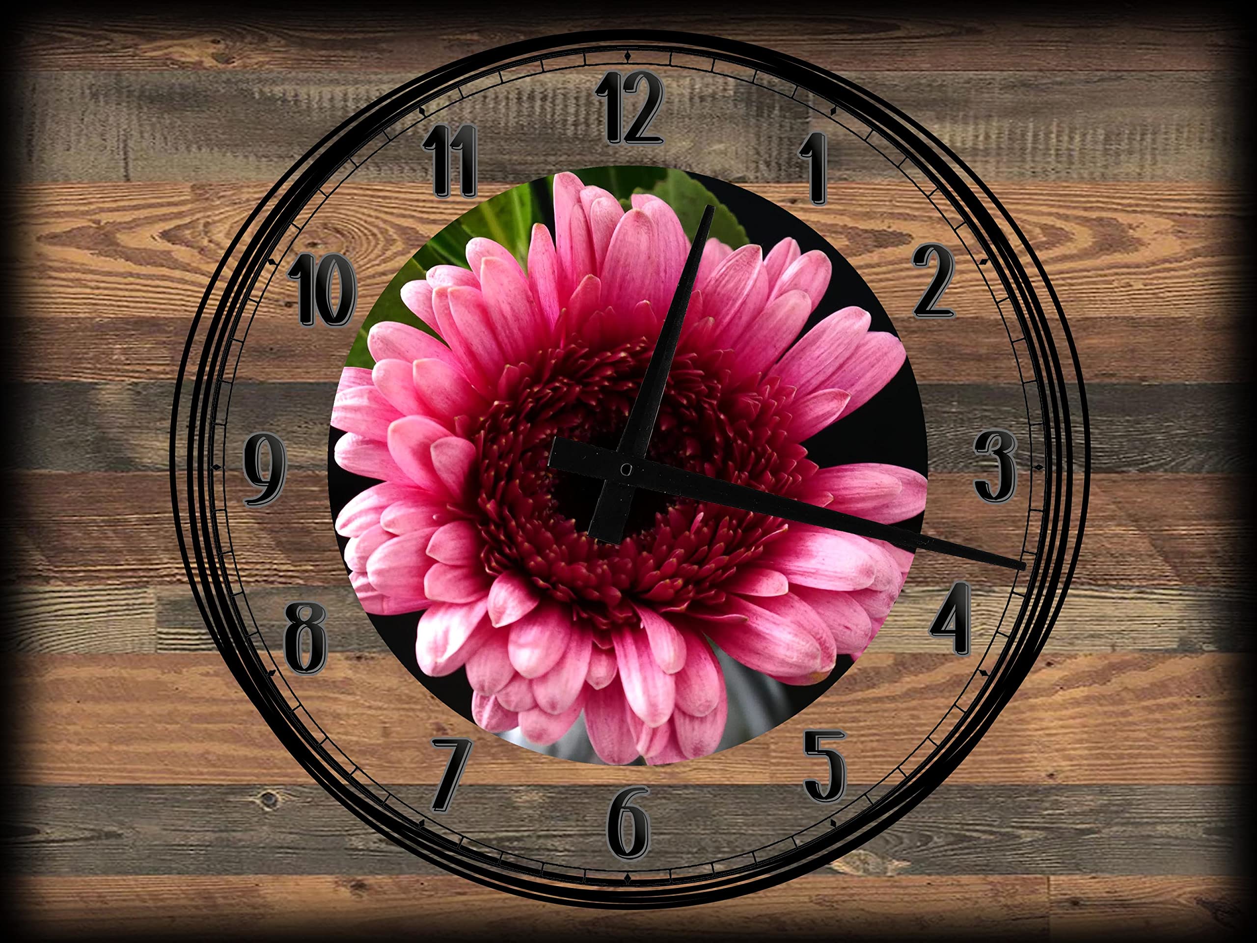 12x16 Inch Large Pink Floral Wall Clock - Canvas Art Decor for Kitchen, Bathroom, Living Room & Bedroom - Rustic Brown Wooden Frame Home Office Decor