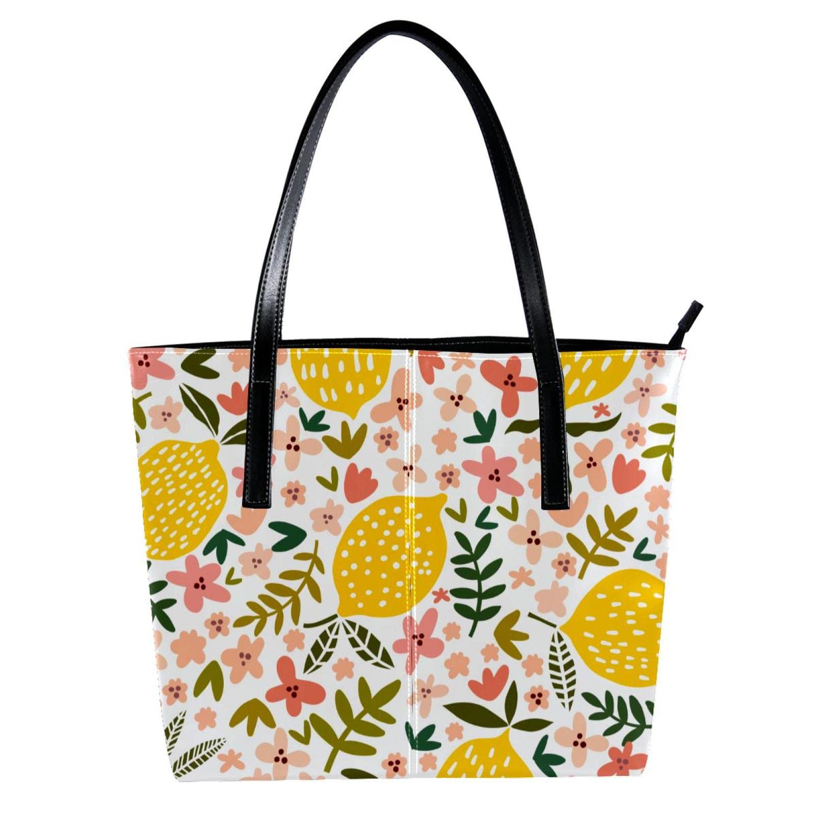 Women's Leather Handbag - Large Capacity Top Handle Satchel Shoulder Bag with Floral Lemon Fruit Design | Perfect for Work, Travel, and Everyday Use