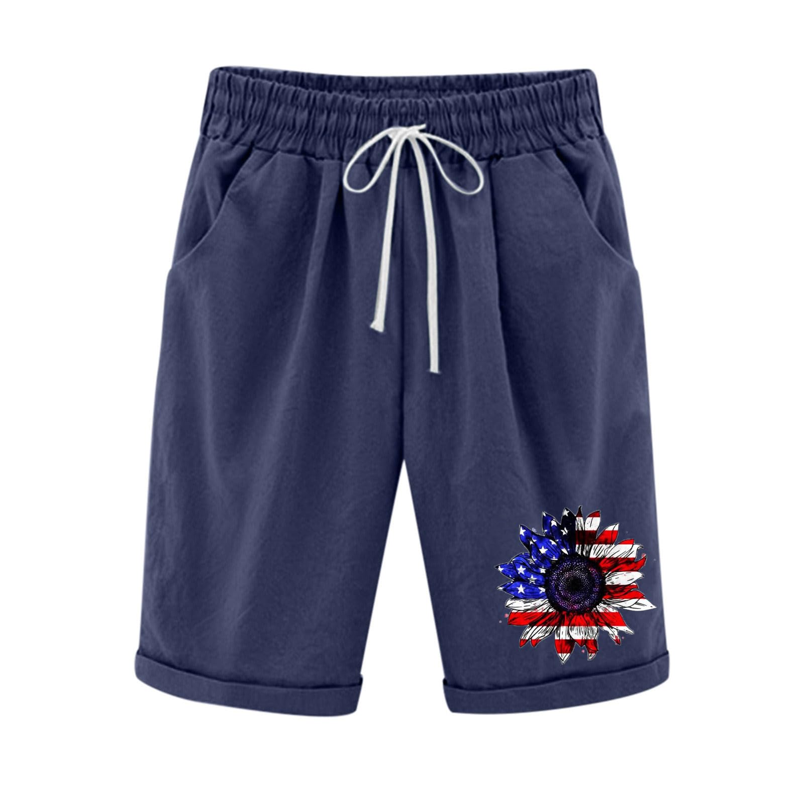USA Flag Print Women's 4th July Shorts - Casual Elastic Waist Summer Shorts for BBQ & Beach