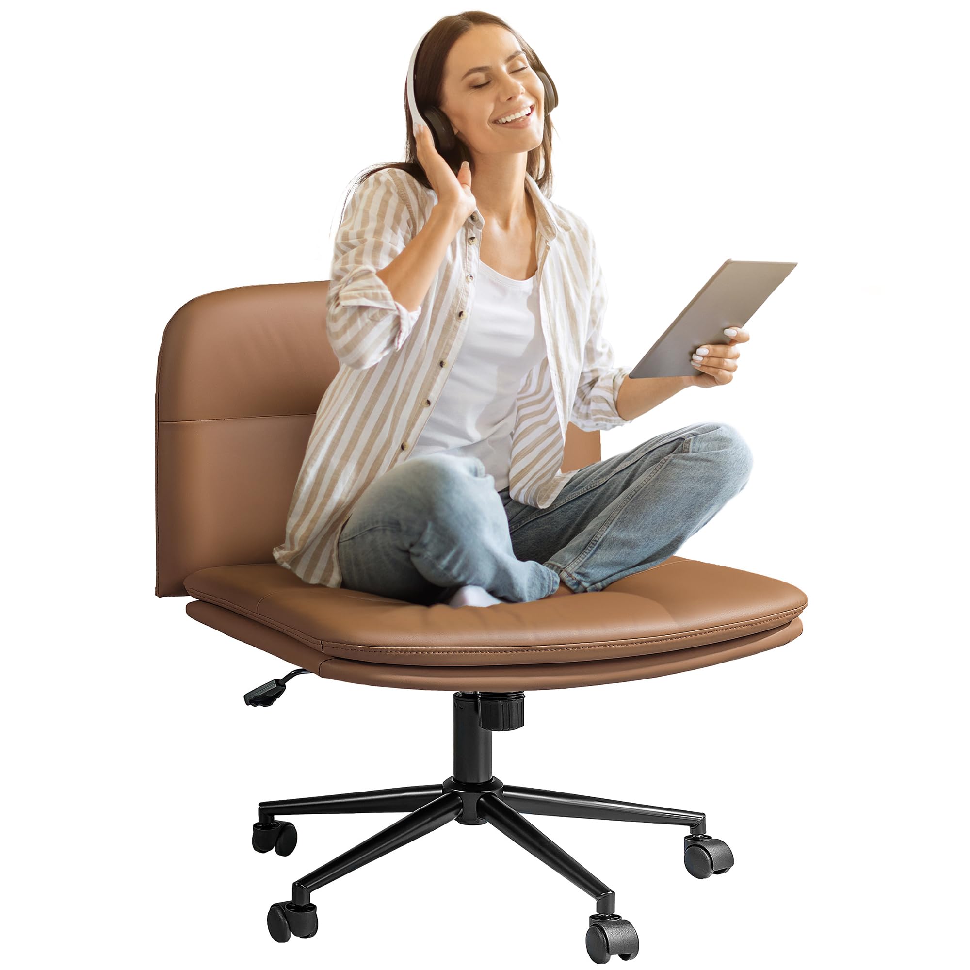FLEXISPOT Cross Legged Office Chair - Ergonomic Criss Cross Vanity Chair with Wheels, Armless Home Office Desk Chair with Comfy Wide Seat Cushion (Coffee Brown) - Perfect for Makeup Vanity, Home Office & Study Desk