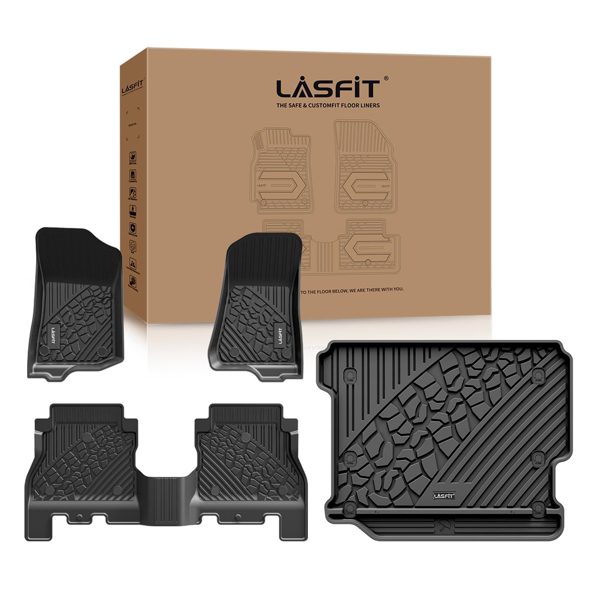 LASFIT All-Weather TPE Floor Mats & Trunk Liner for Jeep Wrangler JL 2018-2025 (4-Door, Flat Load Floor, No Subwoofer) - Durable, Custom Fit, Non-Slip Protection - Perfect for Off-Roading, Camping & Daily Driving