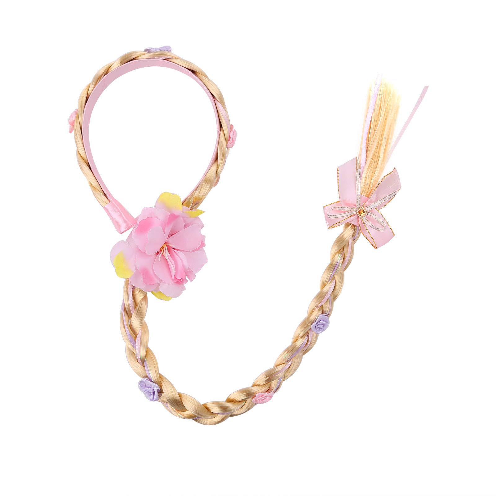 Freebily Princess Dress Up Braid Wigs Headband for Girls - Flower & Ribbon Bow Hairpiece for Cosplay, Halloween, Birthday Parties & Dress Up Play