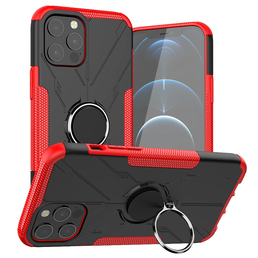 Ankoe iPhone 12 Pro Max Case 6.7 Inch - Heavy Duty Hybrid Slim Rugged Cover with 360 Ring Holder, Kickstand & Car Mount - Soft Microfiber Protective Phone Case (Red) - Perfect for Work, Travel & Outdoor Activities