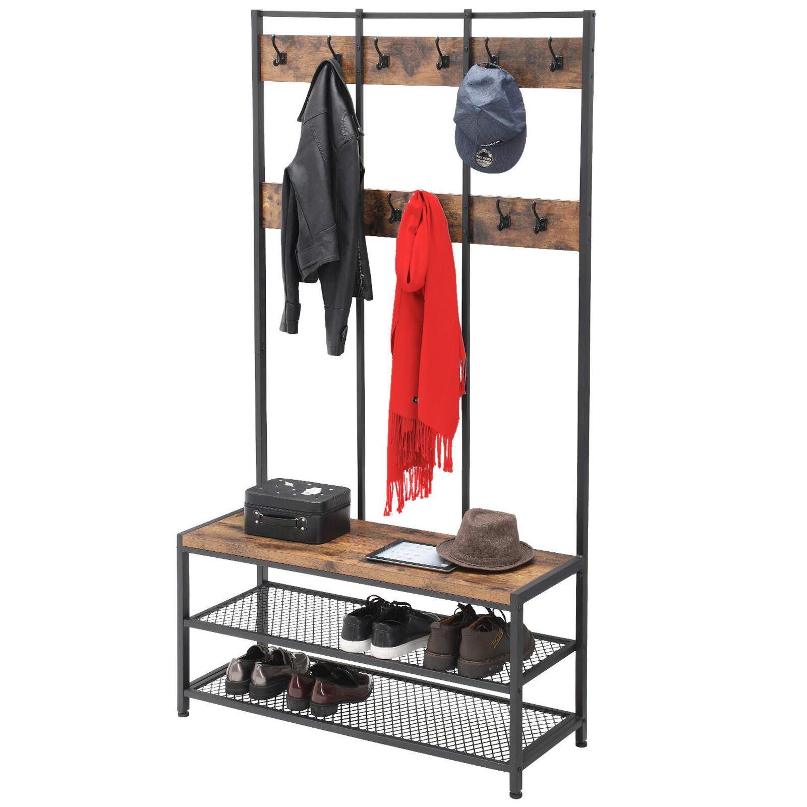 Large 3-in-1 Coat Rack Shoe Bench Hall Tree with 3-Tier Storage Shelves - Steel Frame Wall Mount Entryway Organizer for Hallway, Bedroom & Office - Light Oak Wood Look Accent Furniture - Perfect for Small Spaces & Home Organization