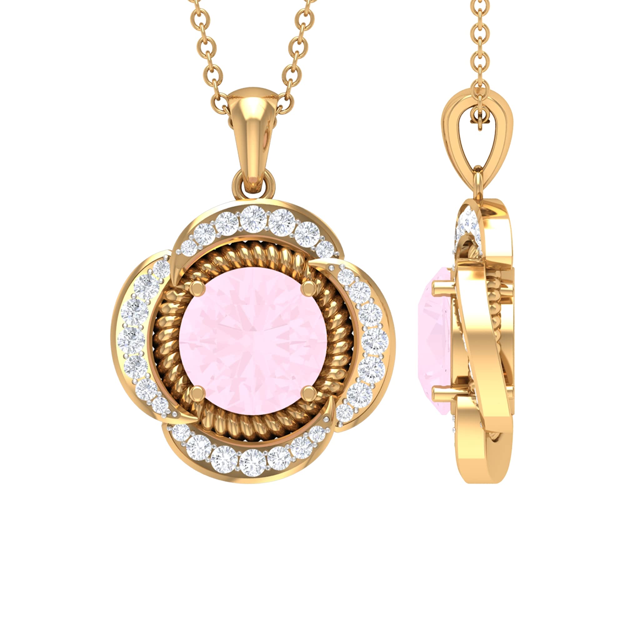 1/2 CT Rose Quartz and Moissanite Flower Pendant Necklace (AAA Quality) - 14K Solid Gold Rose Quartz Jewelry for Women - Elegant Gift for Valentine's Day, Anniversary & Special Occasions