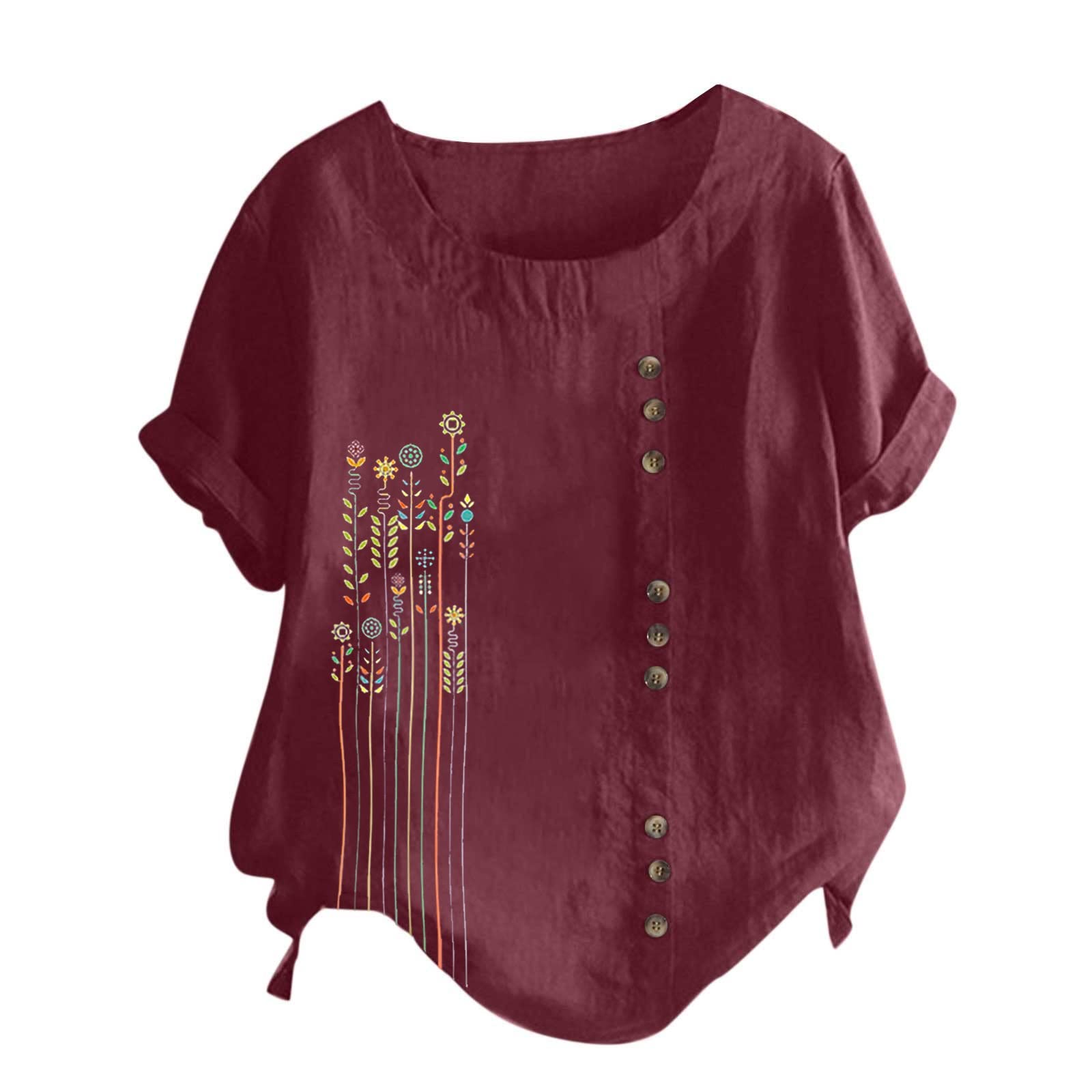 Women's Short Sleeve Tunic Tops - Floral Print Cotton Linen Blend Button Down Shirt - Loose Fit Casual Blouse for Summer, Work & Vacation Outfits