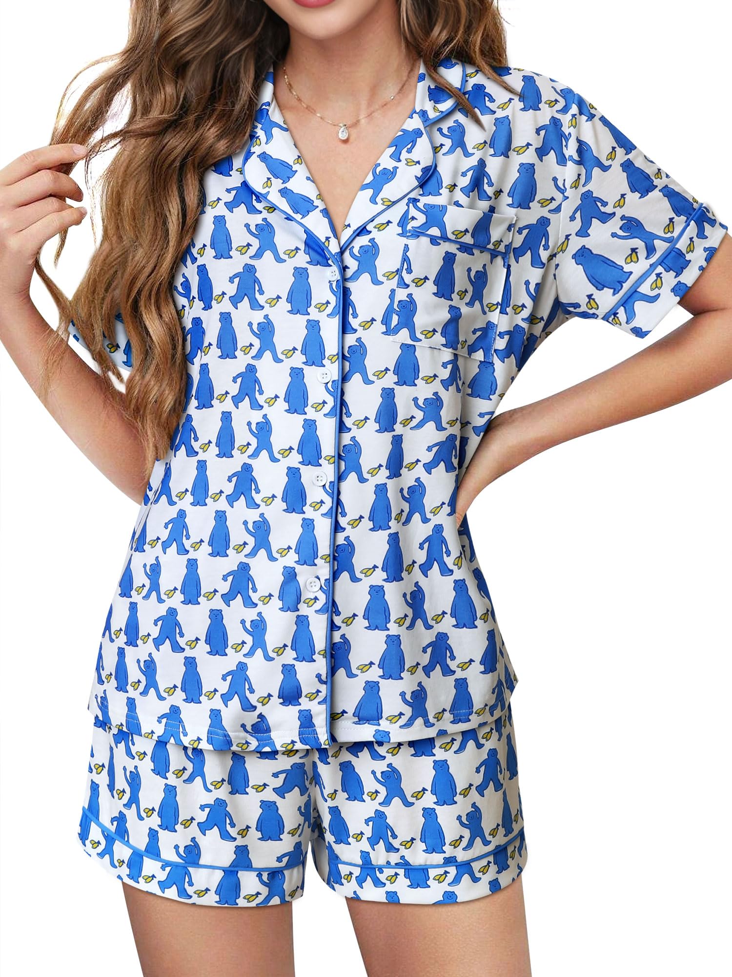 Women's Y2K Cute Preppy Monkey Pajama Set - 2 Piece Short Sleeve Button Down Loungewear with Shorts | Perfect for Sleepovers, Cozy Nights & TikTok Fashion