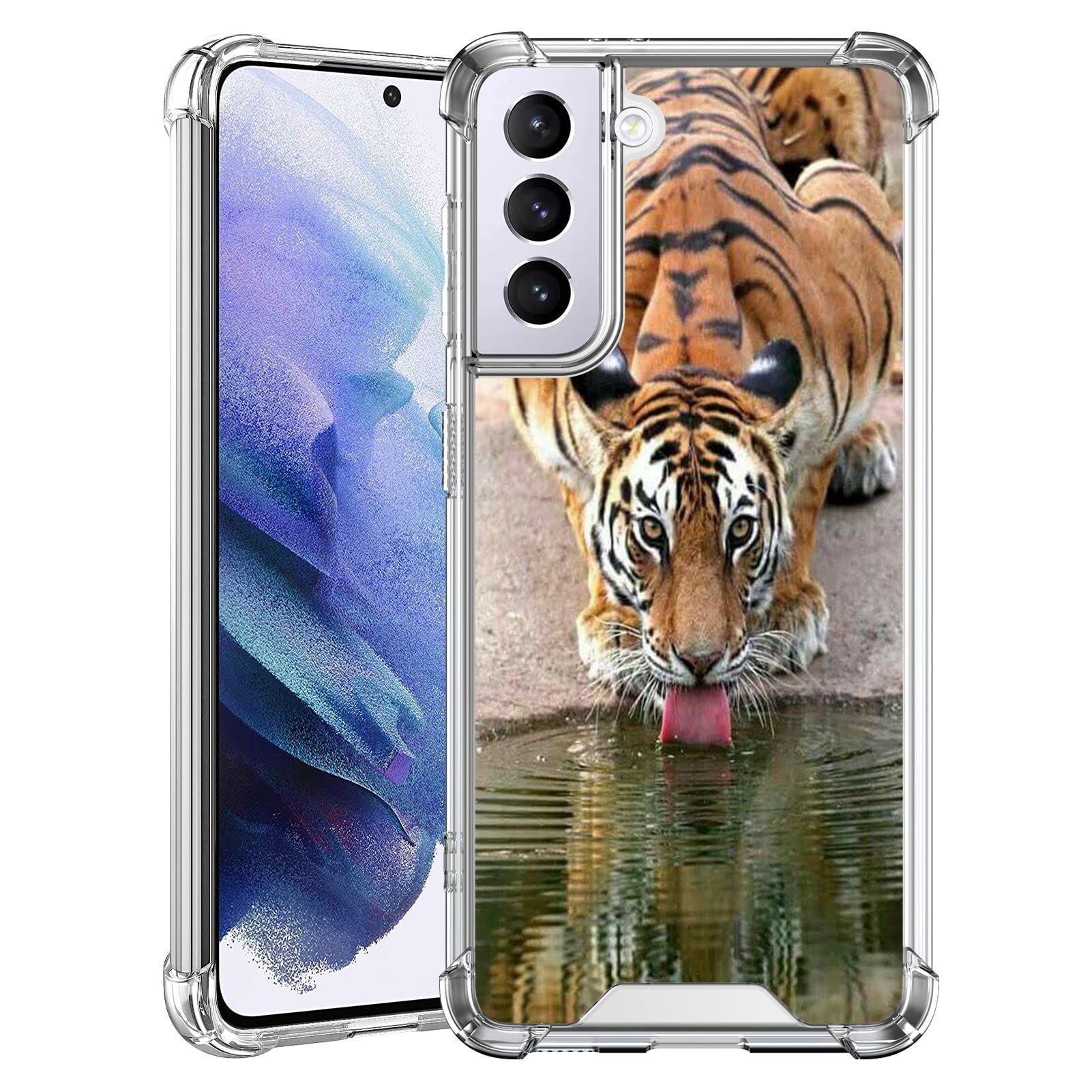 KUAVETO Clear Shockproof Phone Case for Samsung Galaxy S22 - Tiger Drinking Water Design with Tempered Glass Screen Protector - Durable Protective Cover for Everyday Use, Travel & Outdoor Activities