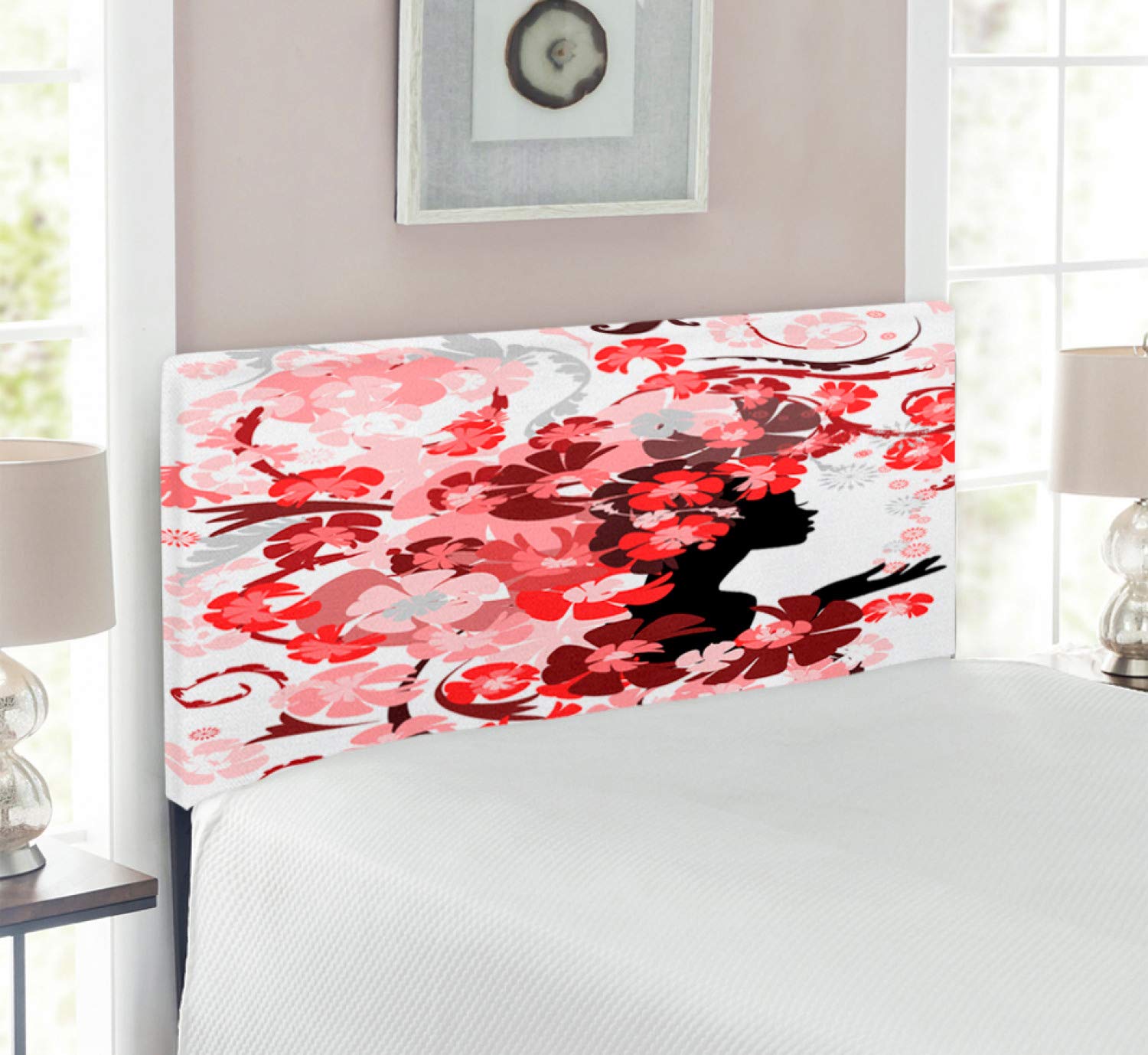Ambesonne Floral Upholstered Headboard for Twin Bed - Pink Blossom Design with Memory Foam, Decorative Metal Frame in Black, Pink & Red | Perfect for Girls' Bedroom, Beauty Salon Decor & Feminine Home Styling