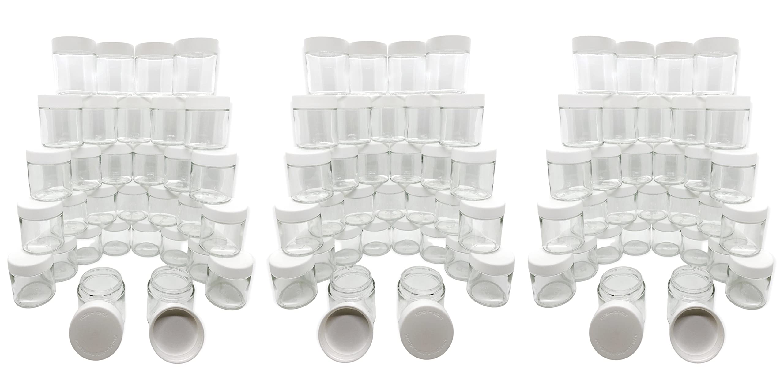 Child Resistant 3oz Glass Jars with White Lids - 100 Pack Airtight Containers for Storing Herbs, Spices, CBD, and Essential Oils - Perfect for Home, Kitchen, and DIY Projects (CLRJARWHTCAP)