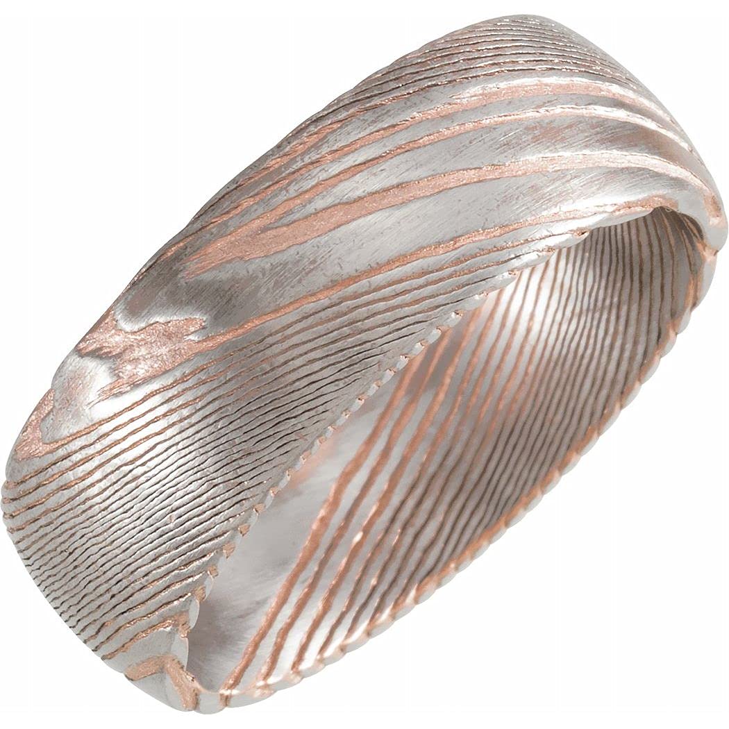 18K Rose Gold Damascus Steel PVD Coated 8mm Polished Half Round Patterned Wedding Band Ring for Women - Size 6-12 - Perfect for Anniversary, Engagement, Valentine's Day Gifts & Everyday Wear